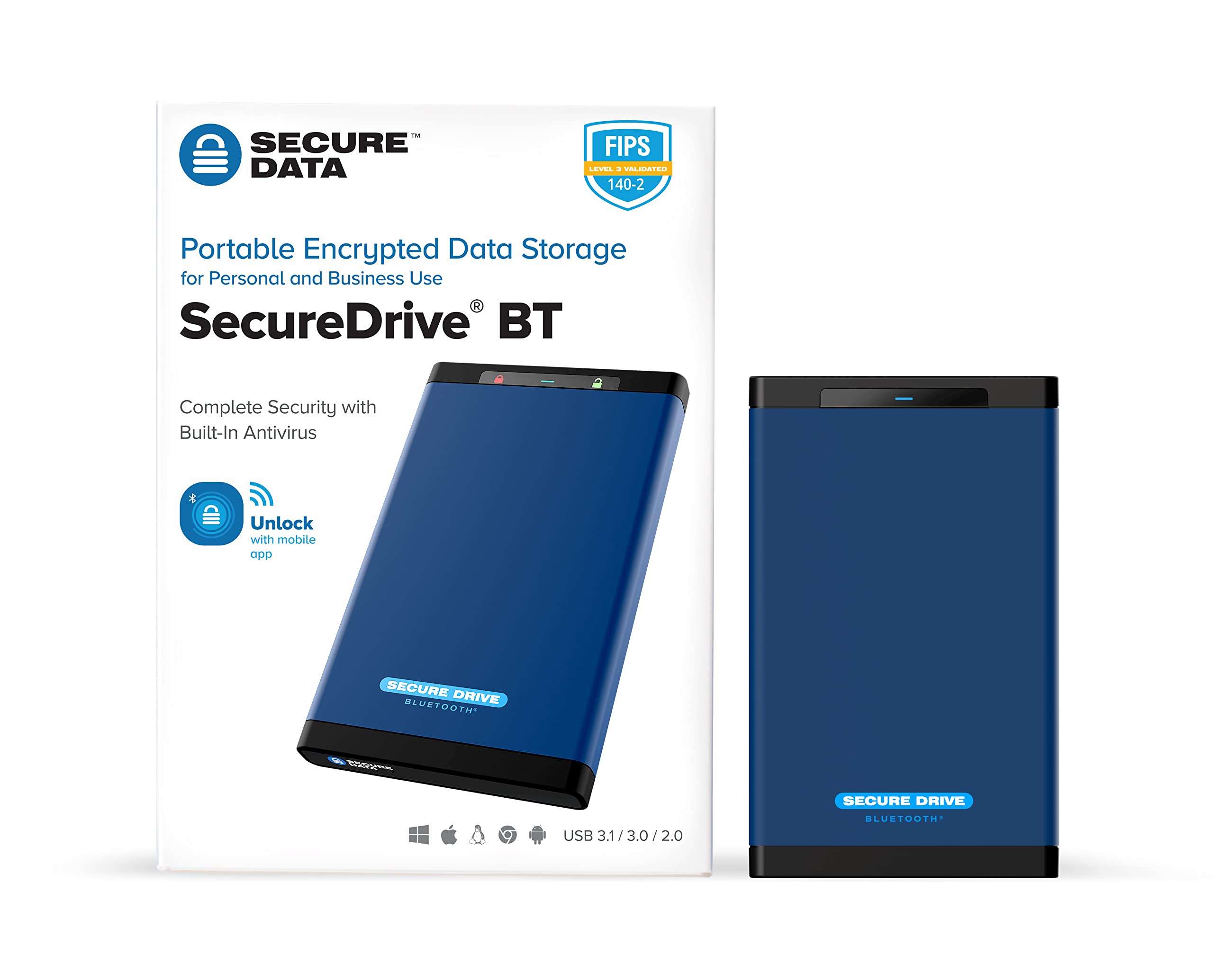 SecureData SecureDrive BT 4TB Hardware Encrypted USB 3.0 Ext Drive FIPS 140-2 Level 3 Unlock via Phone app TAA Compliant, CJIS, HIPAA, CMMC, GDPR Compliant, Works with Mac and Win Free AV 3