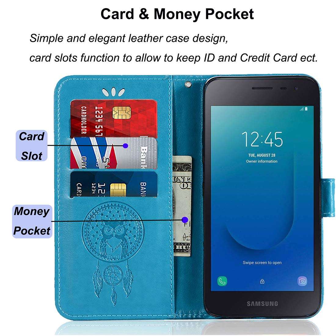 Sidande for Galaxy J2 2018 2019 / J2 Core Case, for Galaxy J2 Shine / J2 Dash / J2 Pure Case, [Wrist Strap] Owl PU Leather Wallet Flip Phone Case Cover with Card Slots for Samsung Galaxy J260 Blue 3