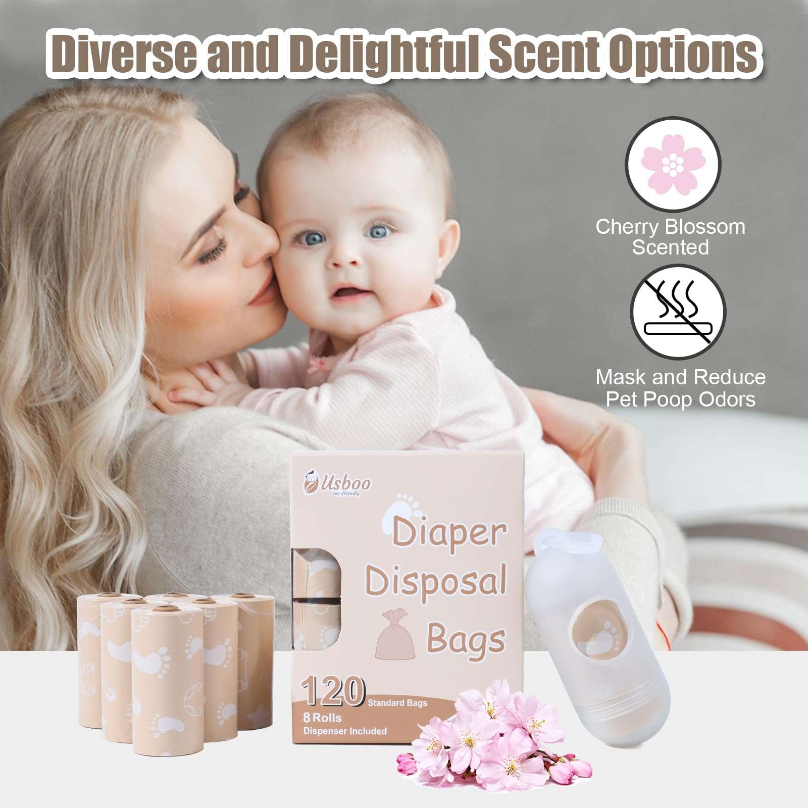 USBOO Diaper Bags Disposable for Baby, Biodegradeable Dirty Diaper Bags (8 Refill Rolls/120 Bags) with Dispenser, Leak Proof Diaper Trash Bags, Baby Poop Bags, Cherry Blossom Scent 4