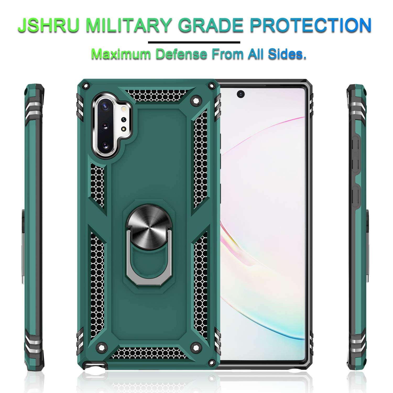 Compatible for Samsung Note 10 Plus Case, for Galaxy Note 10+ Case with Screen Protector [3D PET, 2 Pack], Jshru Rotating Ring Kickstand Protective Case for Samsung Galaxy Note 10 Plus, Midnight Green 3
