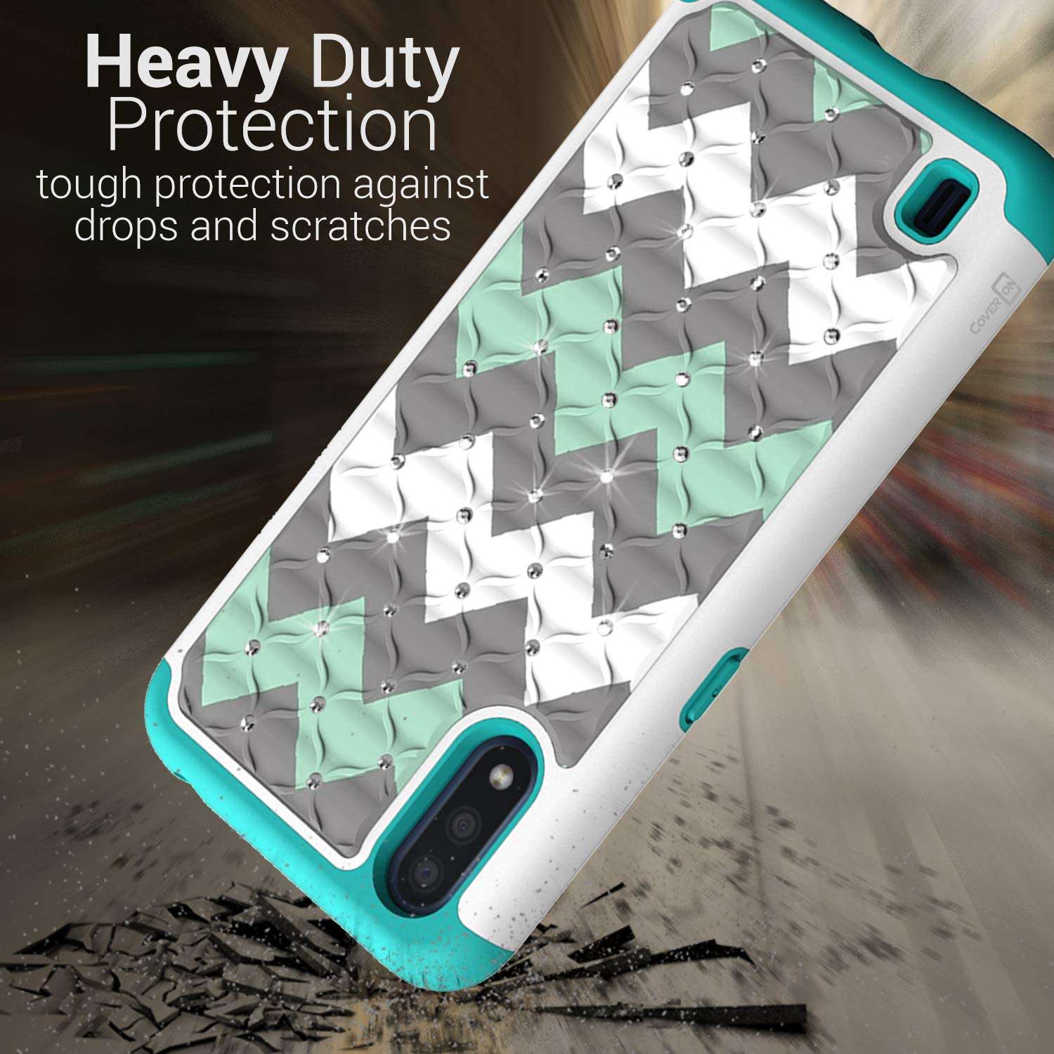 CoverON Bling Hybrid Aurora Series Diamond Bling Rhinestone Dual Cover for Samsung Galaxy A01 Case - Teal Chevron 4