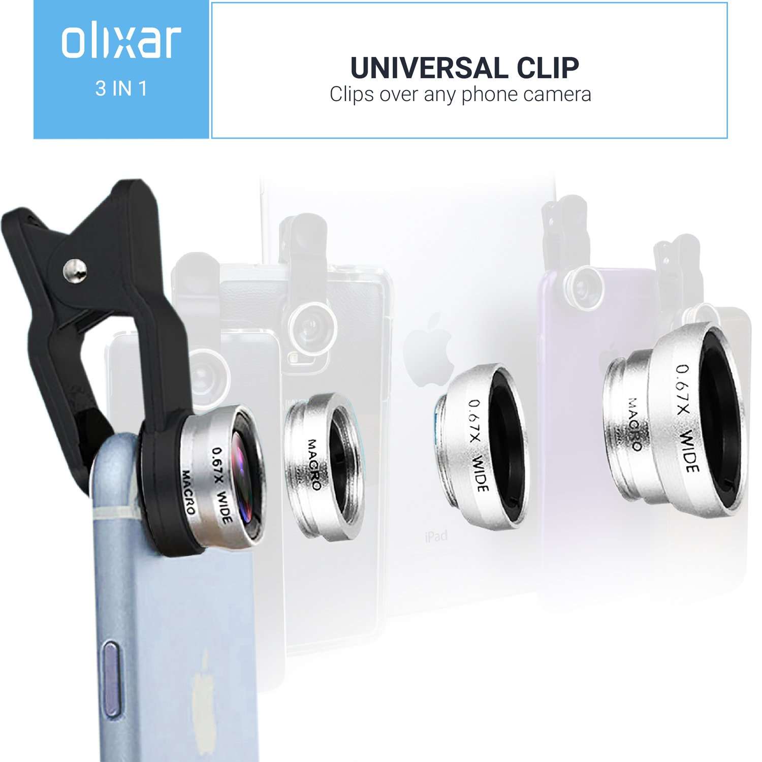Smartphone Lens Kit - 3 in 1 Lenses - Fisheye, Wide Angle, Macro - Clip On - Photography Accessory for iPhone, Samsung, Huawei Etc - Universal Compatibility - Olixar 3