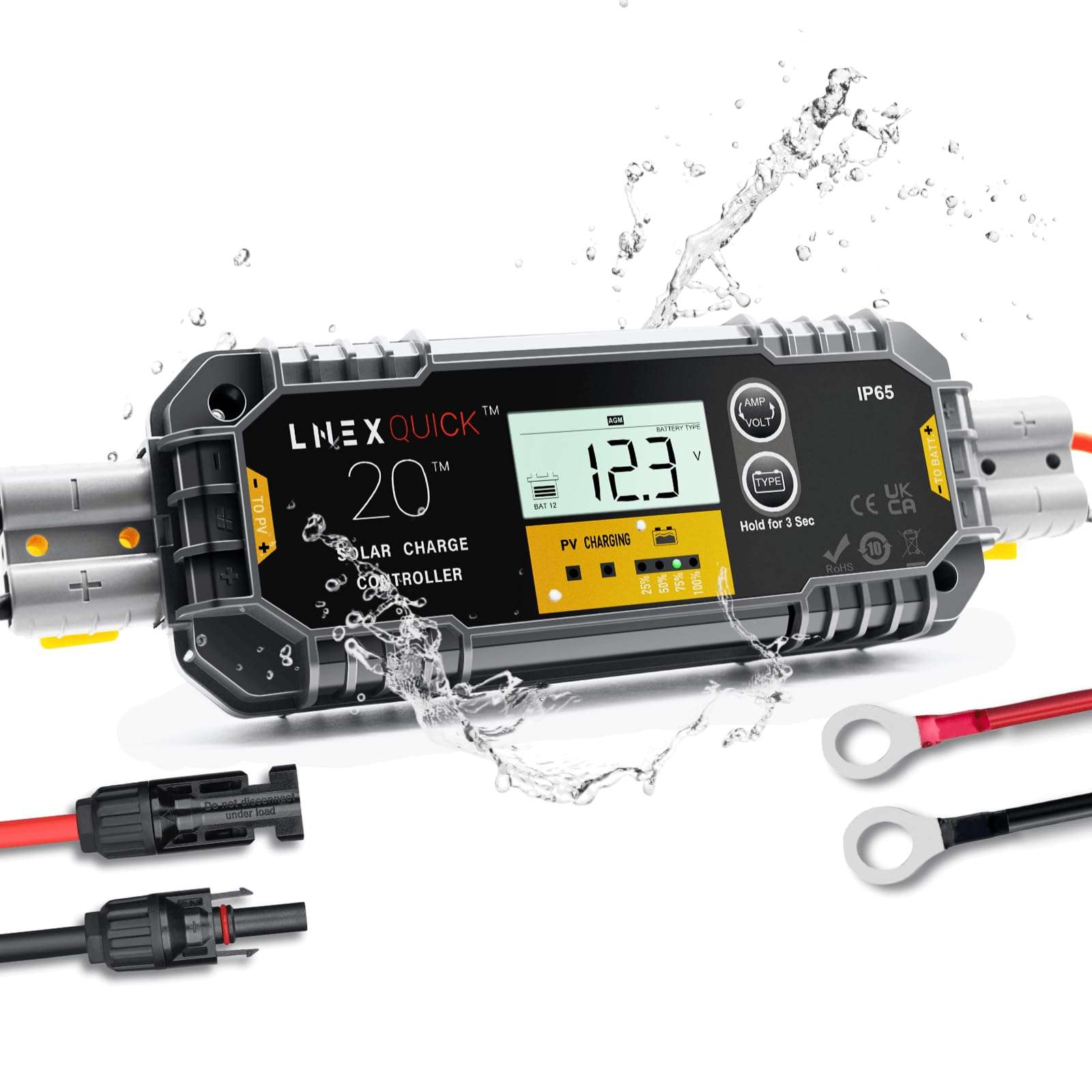 LNEX 20A 12V/24V PWM Waterproof Solar Charge Controller with Backlight LCD Display for AGM, Gel, Flooded and Lithium Battery, Used in RVs, Trailers, Boats, Yachts 1
