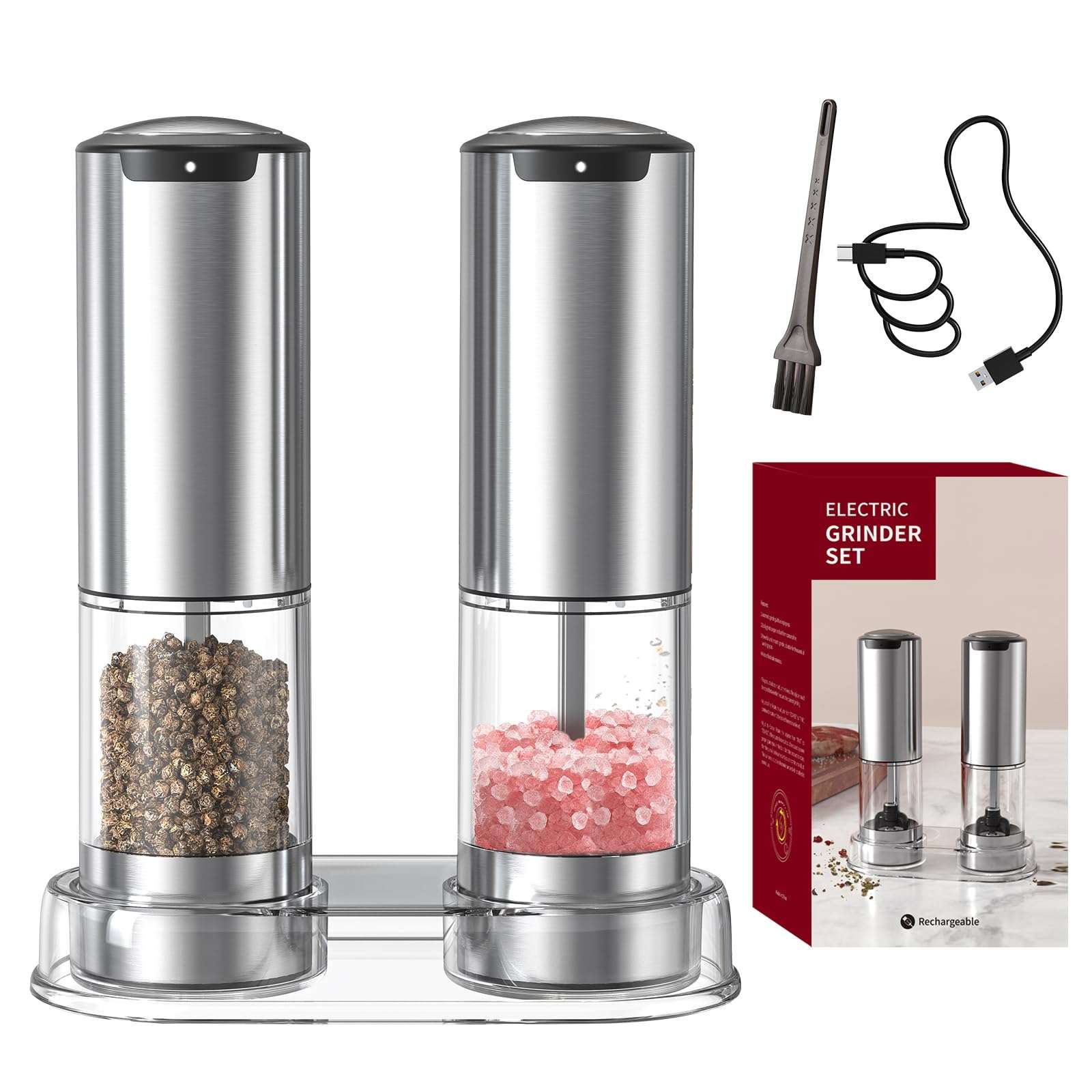 D-DING Electric Salt & Pepper Grinder Set - 2 in 1 Stainless Steel Mill with Adjustable Coarseness, LED Light, Ceramic Core, Type-C Charging, 95ml Container 1