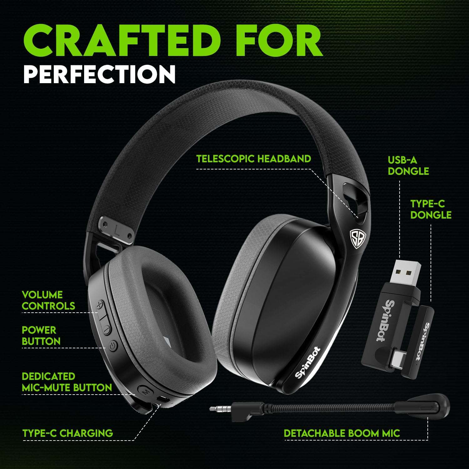 SpinBot Ranger HX500 Over-Ear Tri-Mode Wireless Gaming Headphones | Dual 2.4GHz + Bluetooth + Wired | 28ms Ultra-Low Latency | Detachable Boom Mic | 25Hrs Play Time (Black) 5