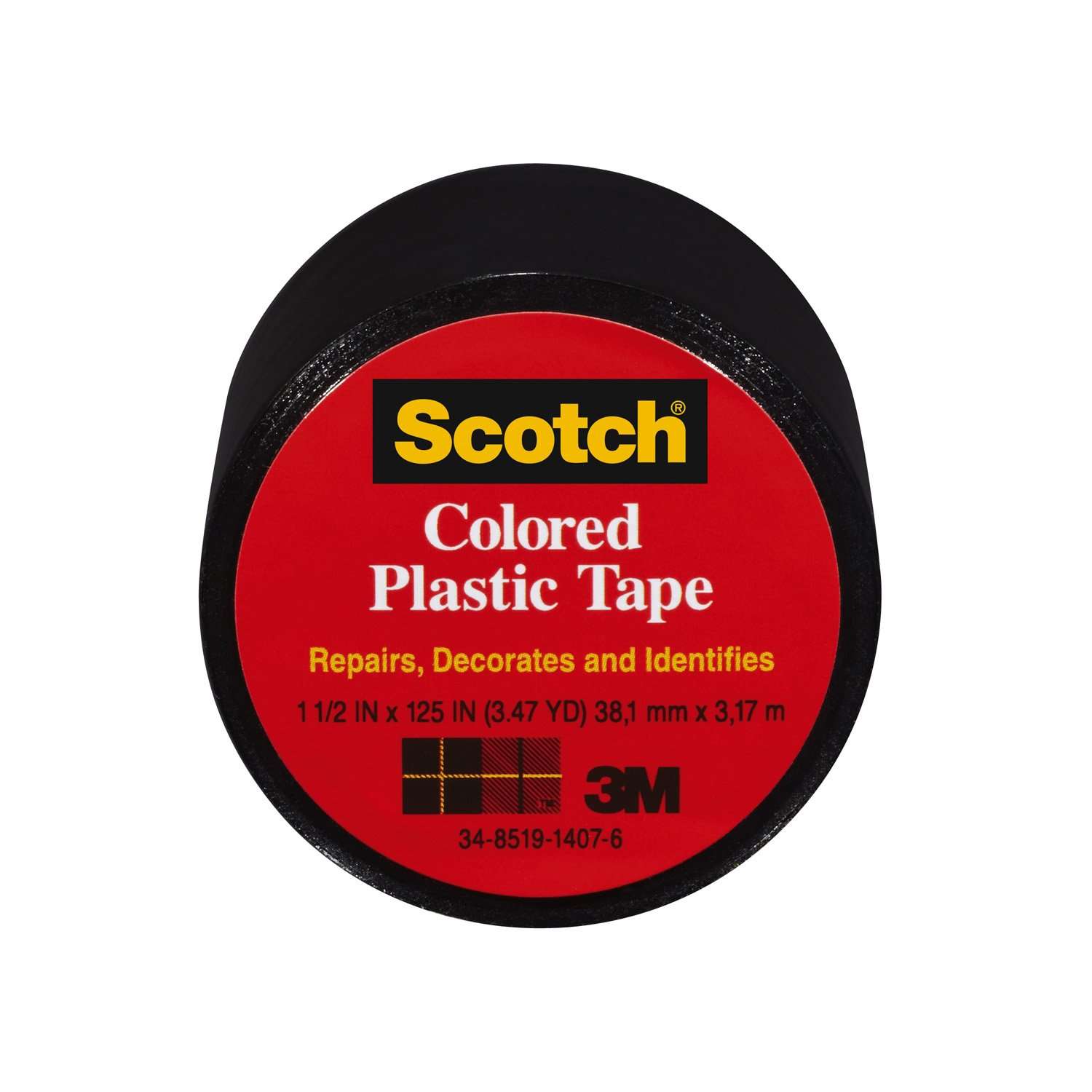 3M Scotch 191 Colored Plastic Tape, 125" Length x 1-1/2" Width, Black