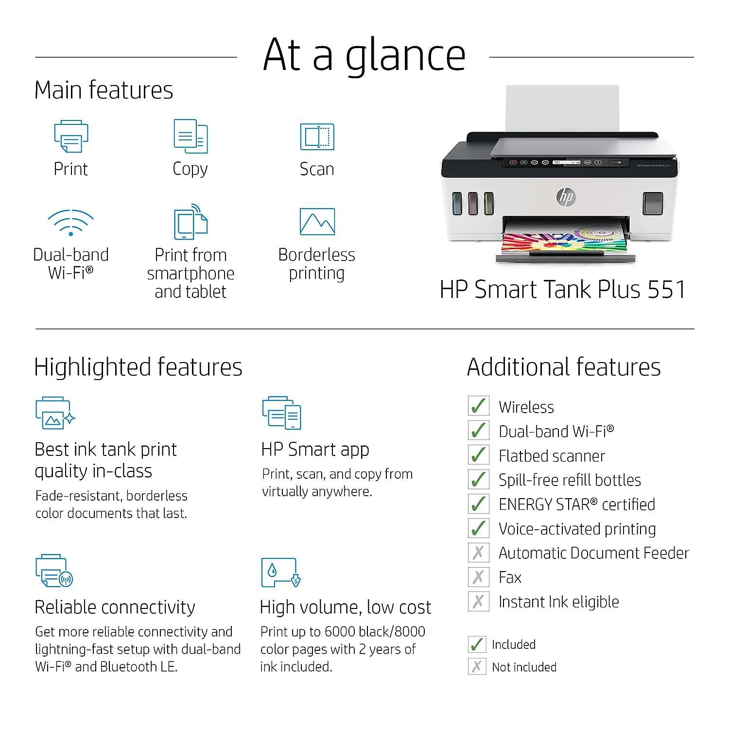 HP Smart -Tank Plus 551 Wireless All-in-One Ink -Tank Printer, up to 2 Years of Ink in Bottles, Mobile Remote Print, Scan, Copy, White, Works with Alexa (6HF11A) 6