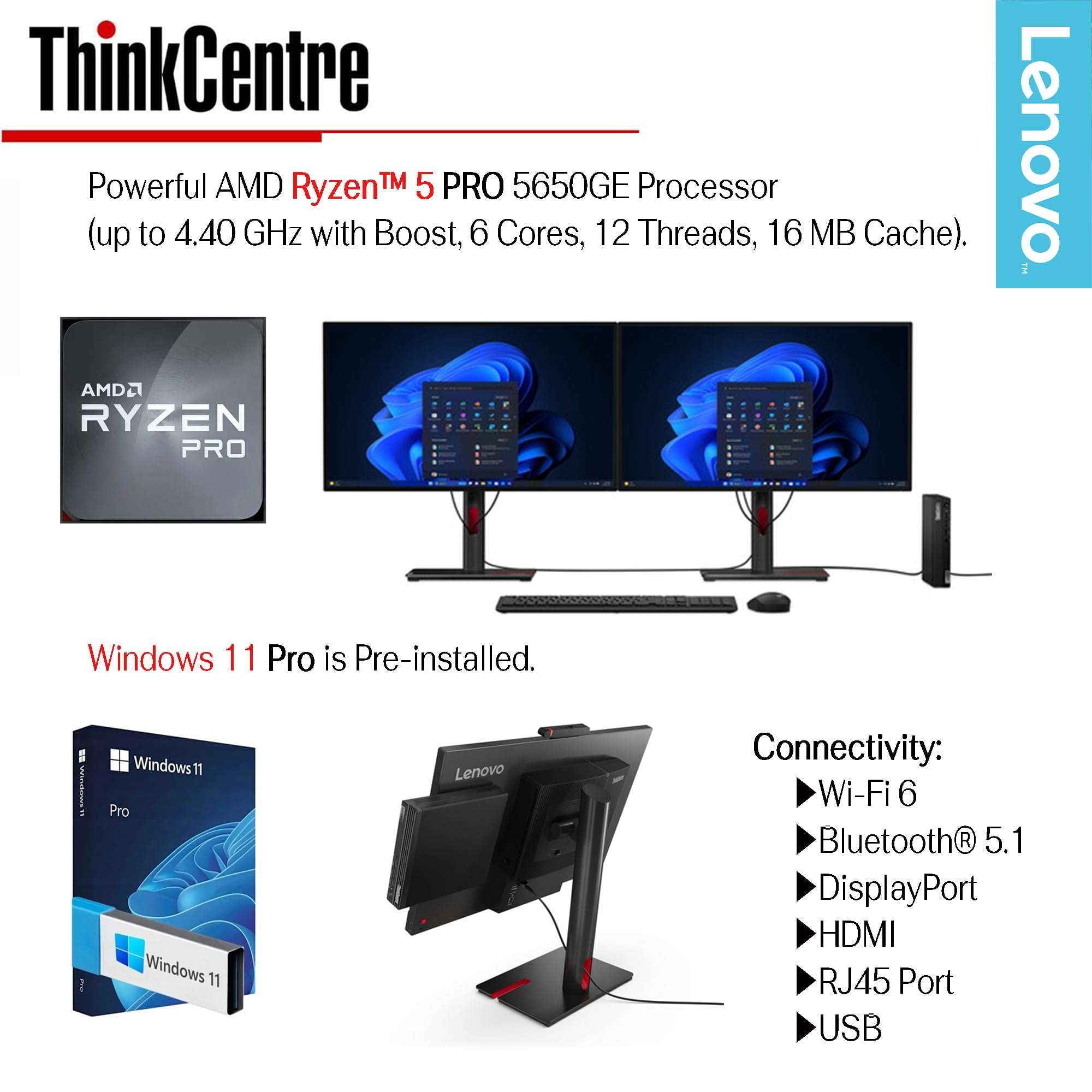 Lenovo ThinkCentre Mini Computer, 16GB RAM & 512GB SSD, AMD CPU, Dual-Display Support, Wi-Fi, Bluetooth, USB Ports, Ethernet Port, w/o Keyboard&Mouse, Windows 11 Pro, for Business&Home 4