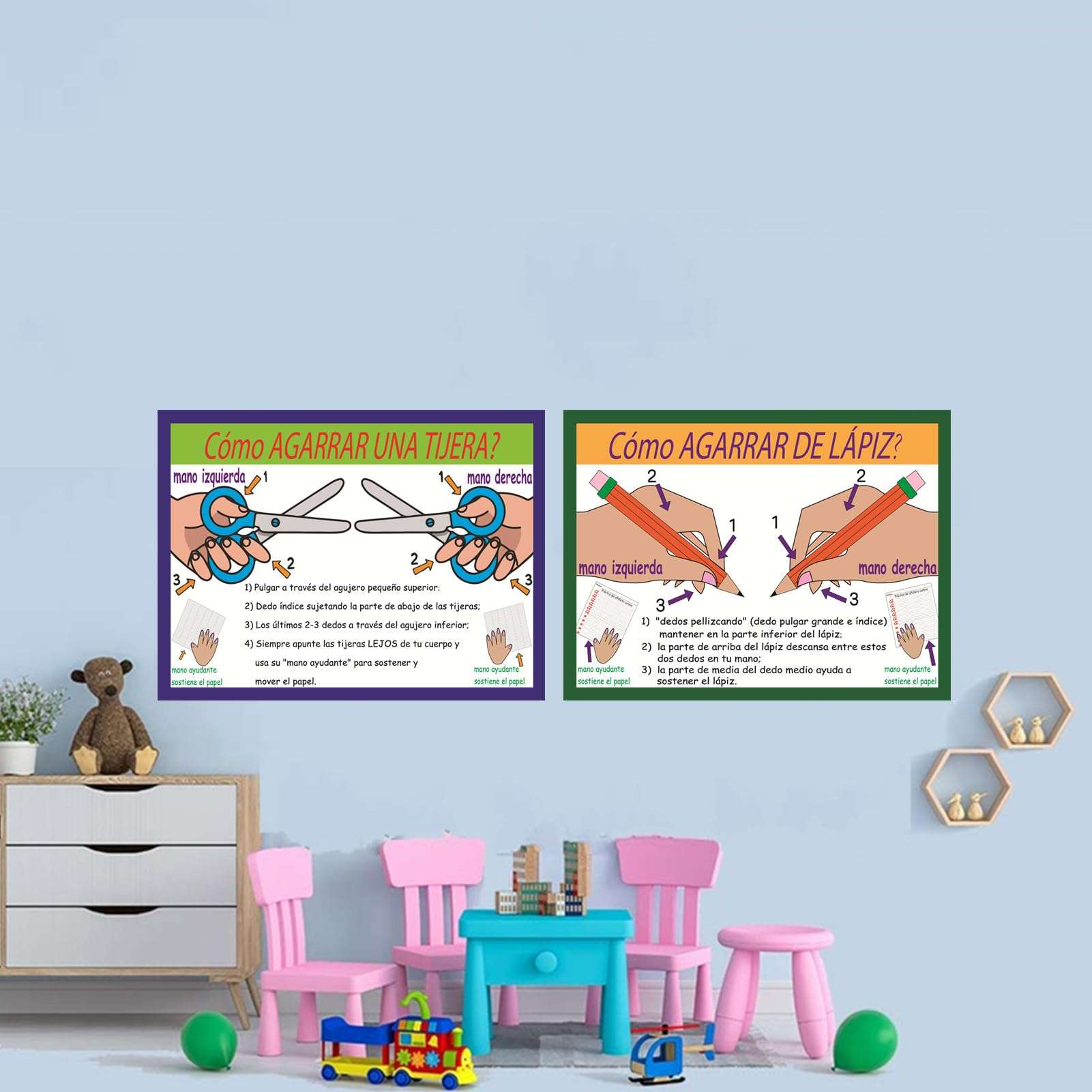 SANTSUN Pencil and Scissor Grip Educational Preschool Poster, How to Pencil Grip? and How to Scissor Grip? Poster with Illustrations, for Toddler and Kid, School Wall Decor, Spanish, 30x40cm 6