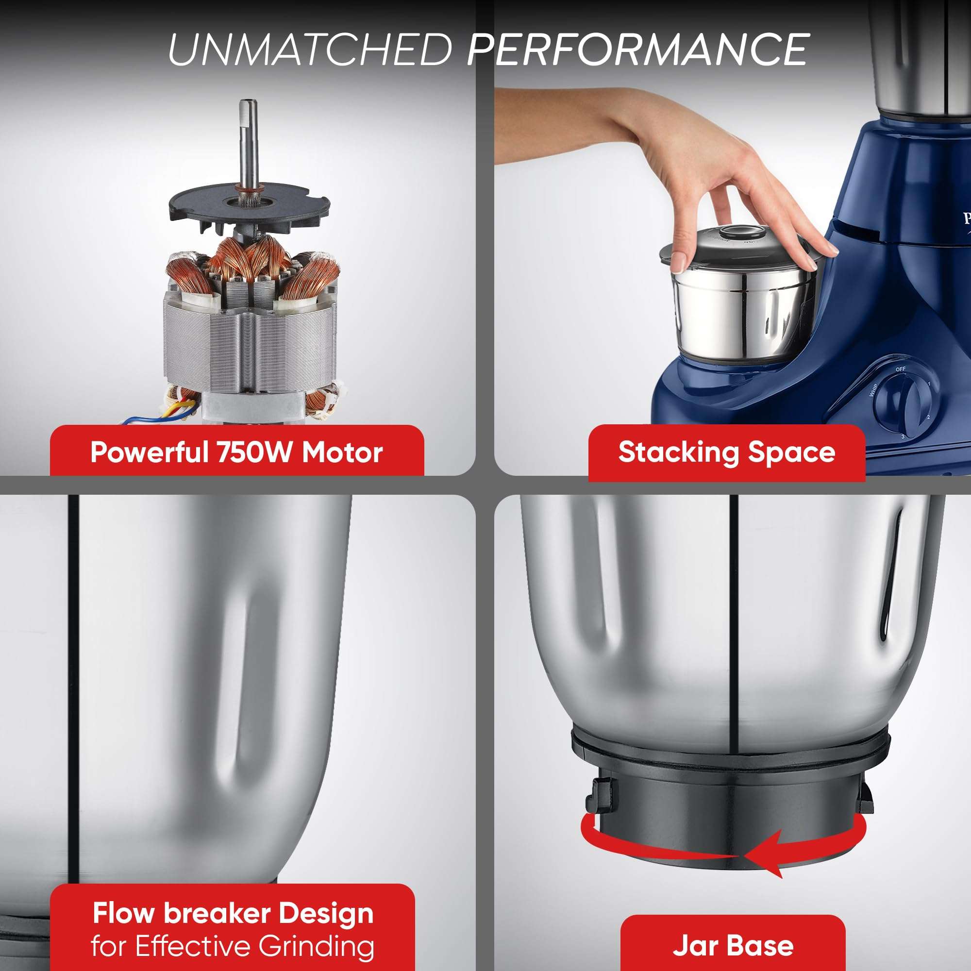 Prestige Astra 750 Watt Mixer Grinder with 5 Jars (3 Stainless Steel + 1 Juicer + 1 Mix-O-Keep) | Space-Saving Stacking Design | Blue | 2Y Warranty | ISI Certified 5