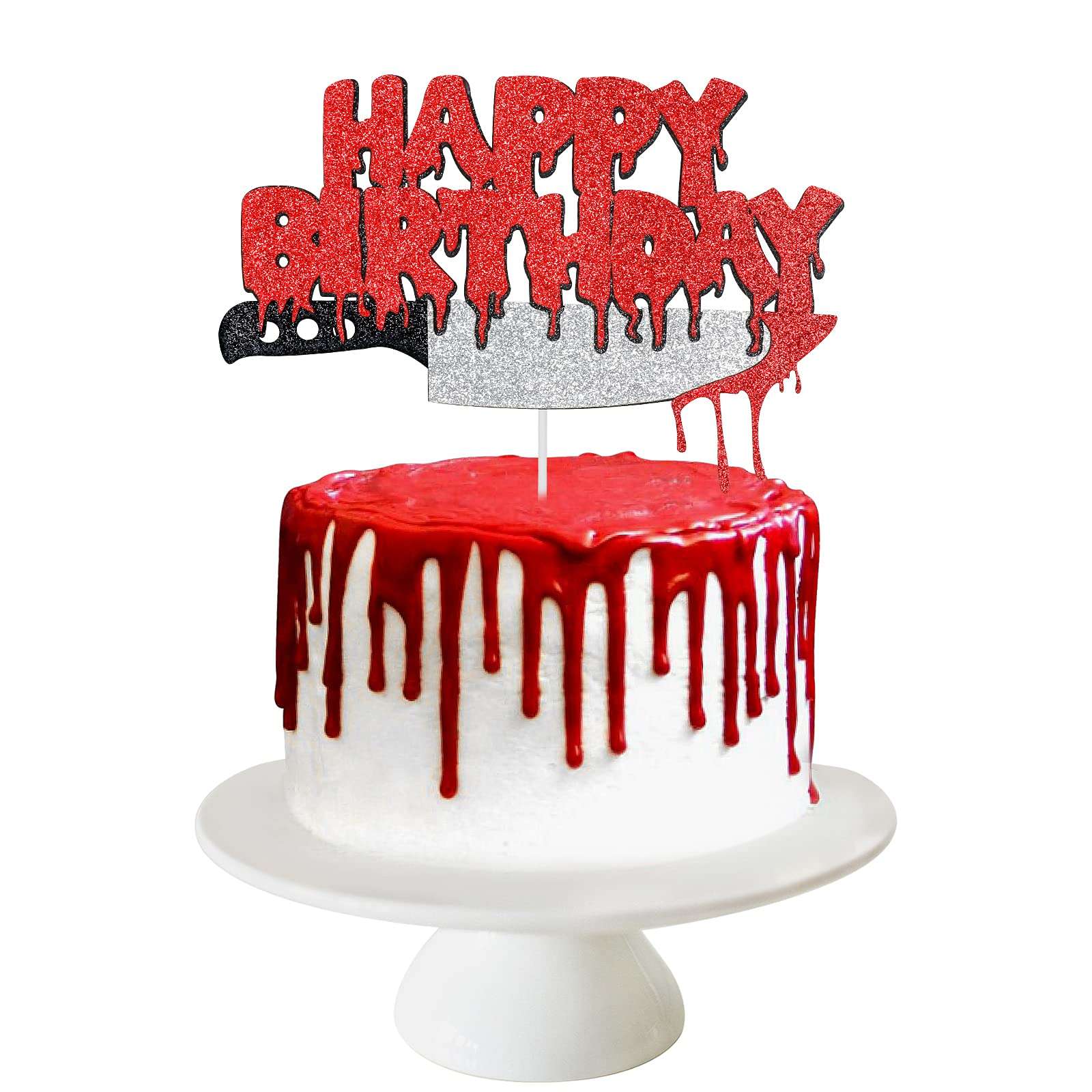 Red Happy Birthday Halloween Cake Topper, Halloween Horror Zombie Birthday Cake Topper Halloween Bloody Horror Movie Birthday Party Cake Decorations 1