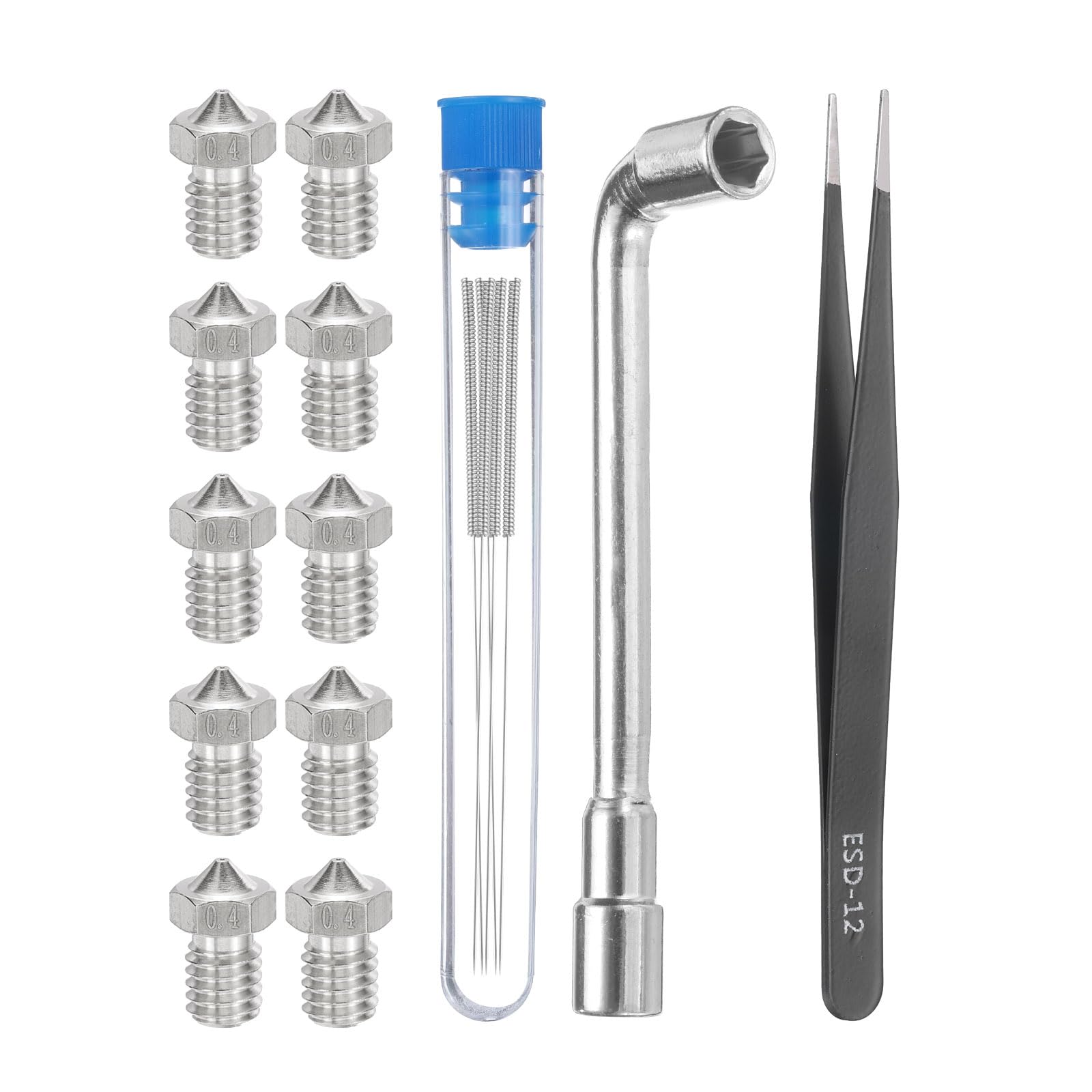 uxcell 3D Nozzles Kit, 10pcs 3D Printer Stainless Steel Nozzles 0.4mm, 5pcs Nozzle Cleaning Needles, with a Socket Wrench and a Tweezer, for 1.75mm Ender3 Series