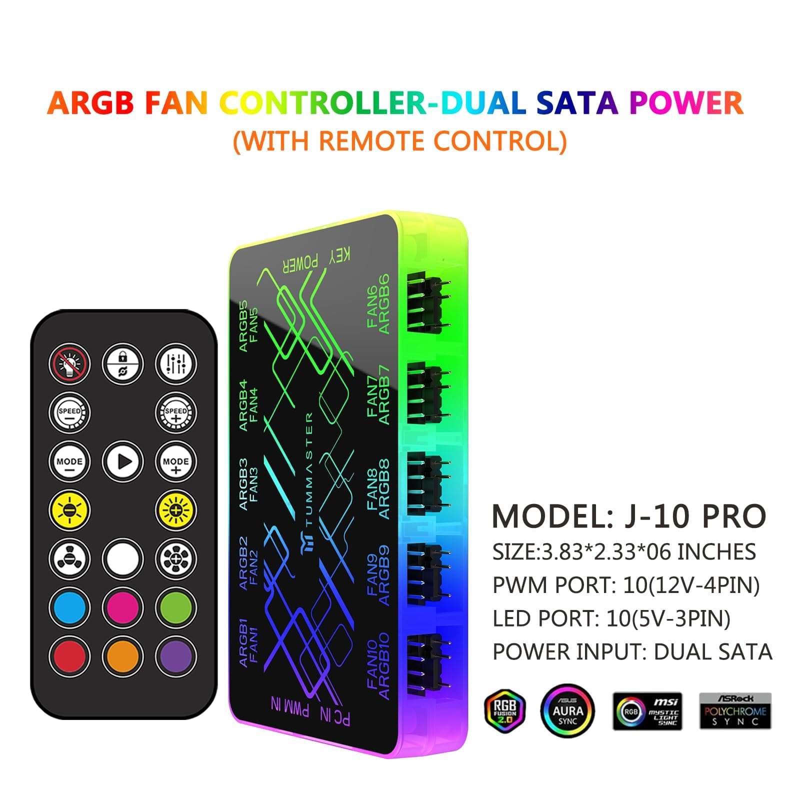 TUMMASTER Dual SATA ARGB Fan Controller - 4 Pin PC Hub With Magnetic Suction RF Remote & Chassis Key Control - Supports 10 PWM Fans Splitter 5V/12V for PC Building 3