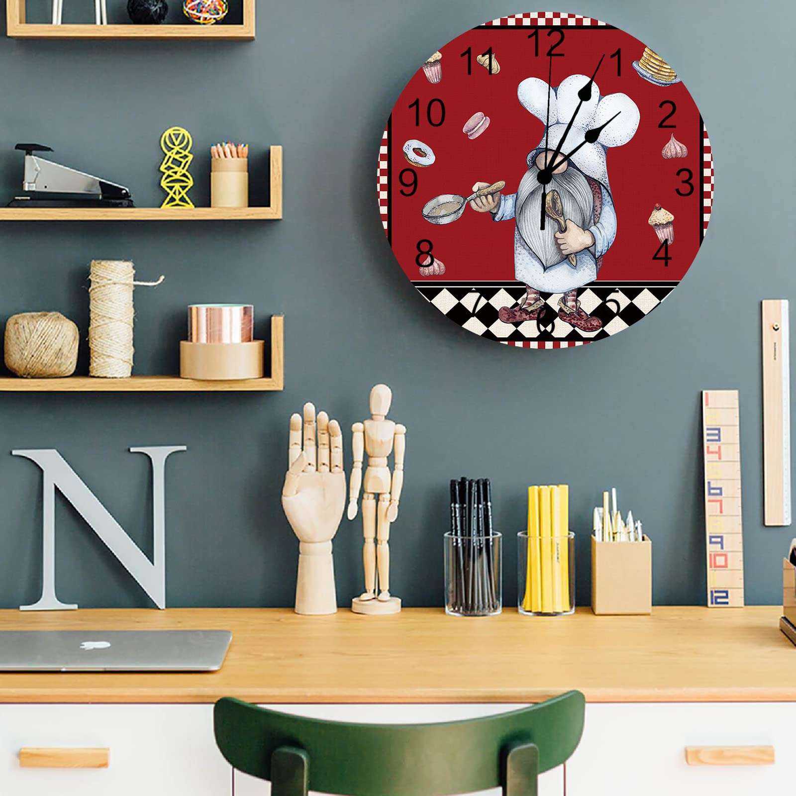 CosyBright Silent PVC Wall Clock 10 Inch Round Wall Clock Gnomes Chef Cookie Red Hanging Clock for Kitchen Non Ticking Battery Operated Living Room Mute Clock 5