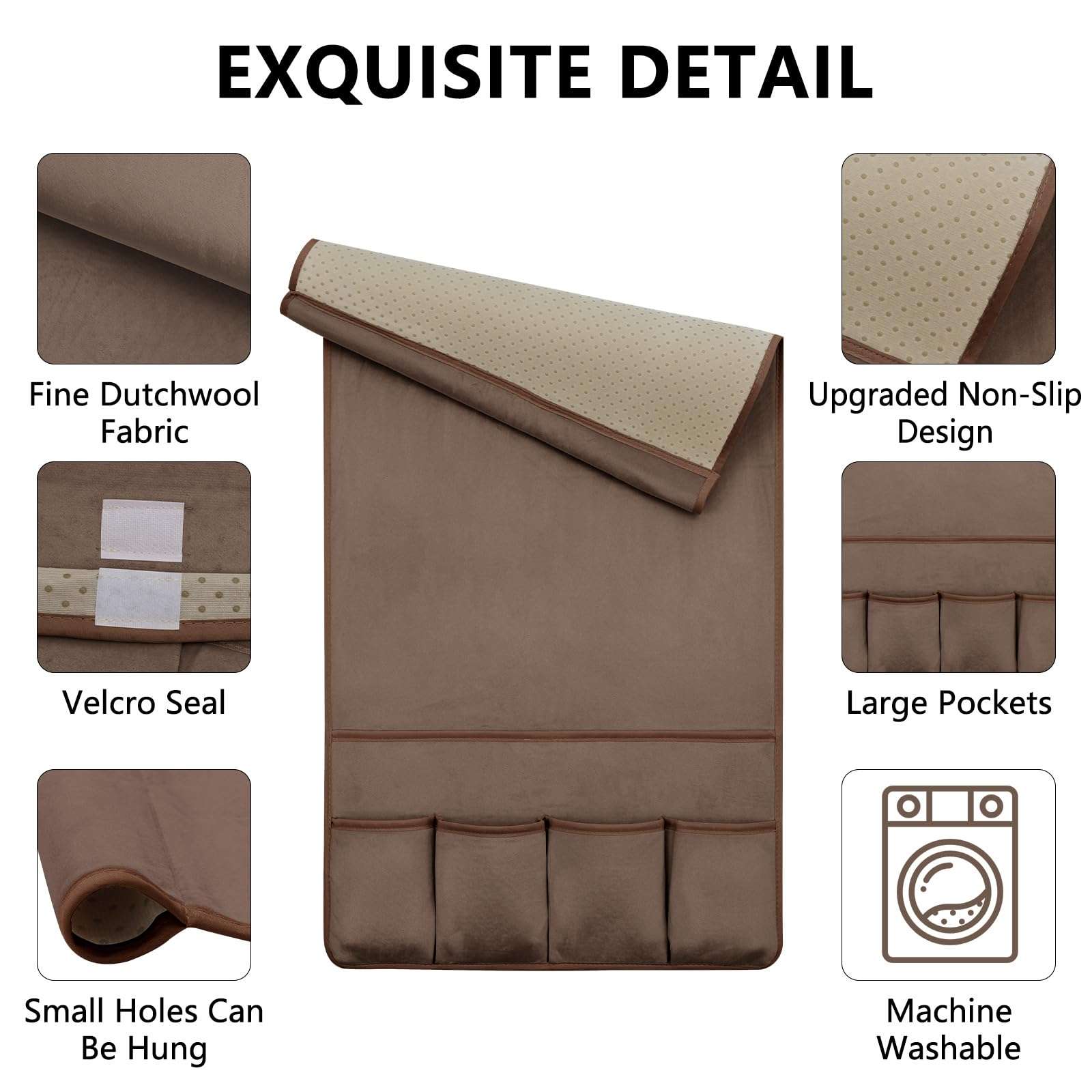 WETRBWEH TV Remote Control Holder Couch Caddy, Non-slip Bedside Caddy Organizer with 5 Pockets for Key Glasses Phone Magazine Holders (Brown, 35''x18'') 5