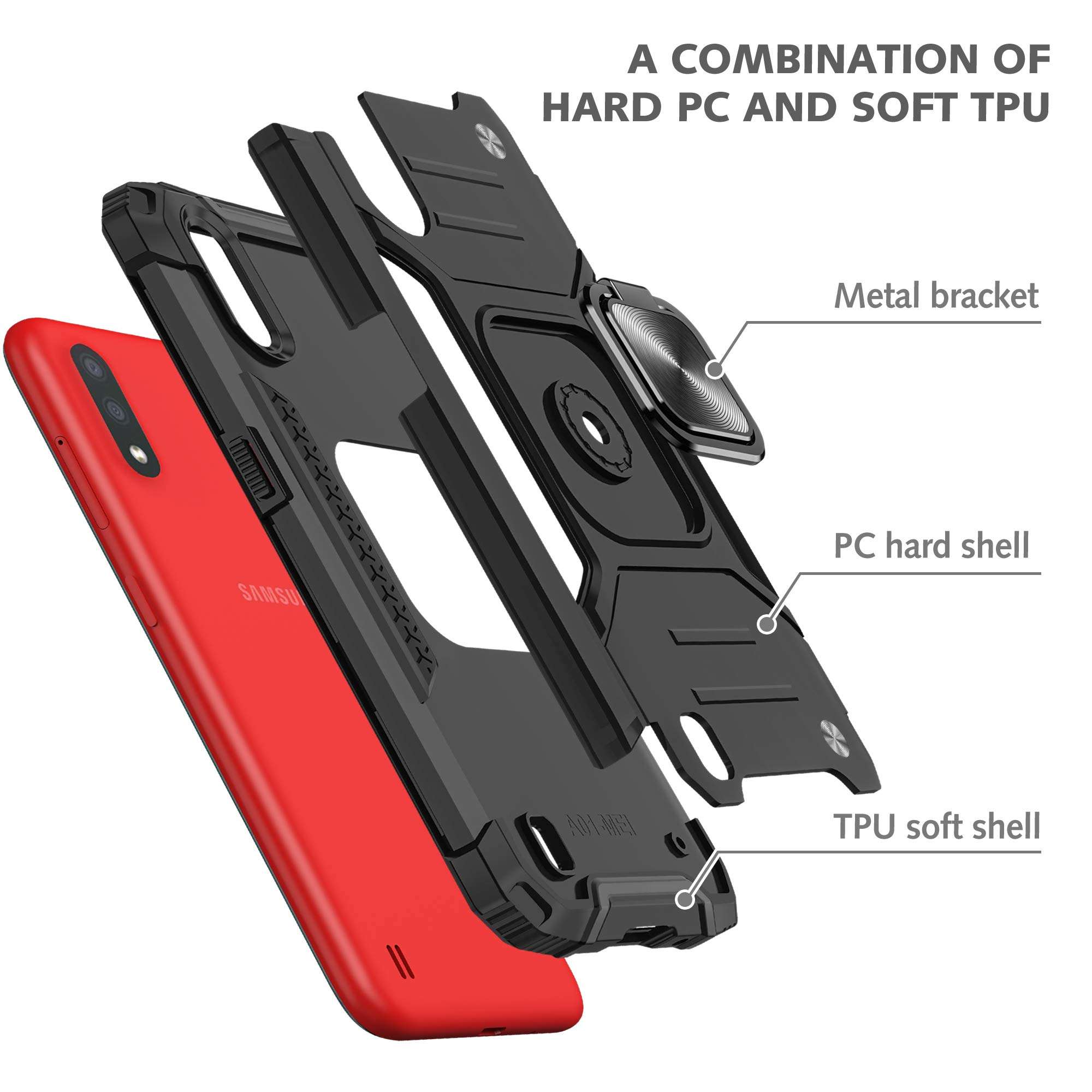 LEEGU for Samsung Galaxy A01 Case, Military Grade Heavy Duty Armor Protection Phone Case 15ft. Drop Tested Cover with Magnetic Ring Kickstand and HD Screen Protector for Samsung A01, Black 3