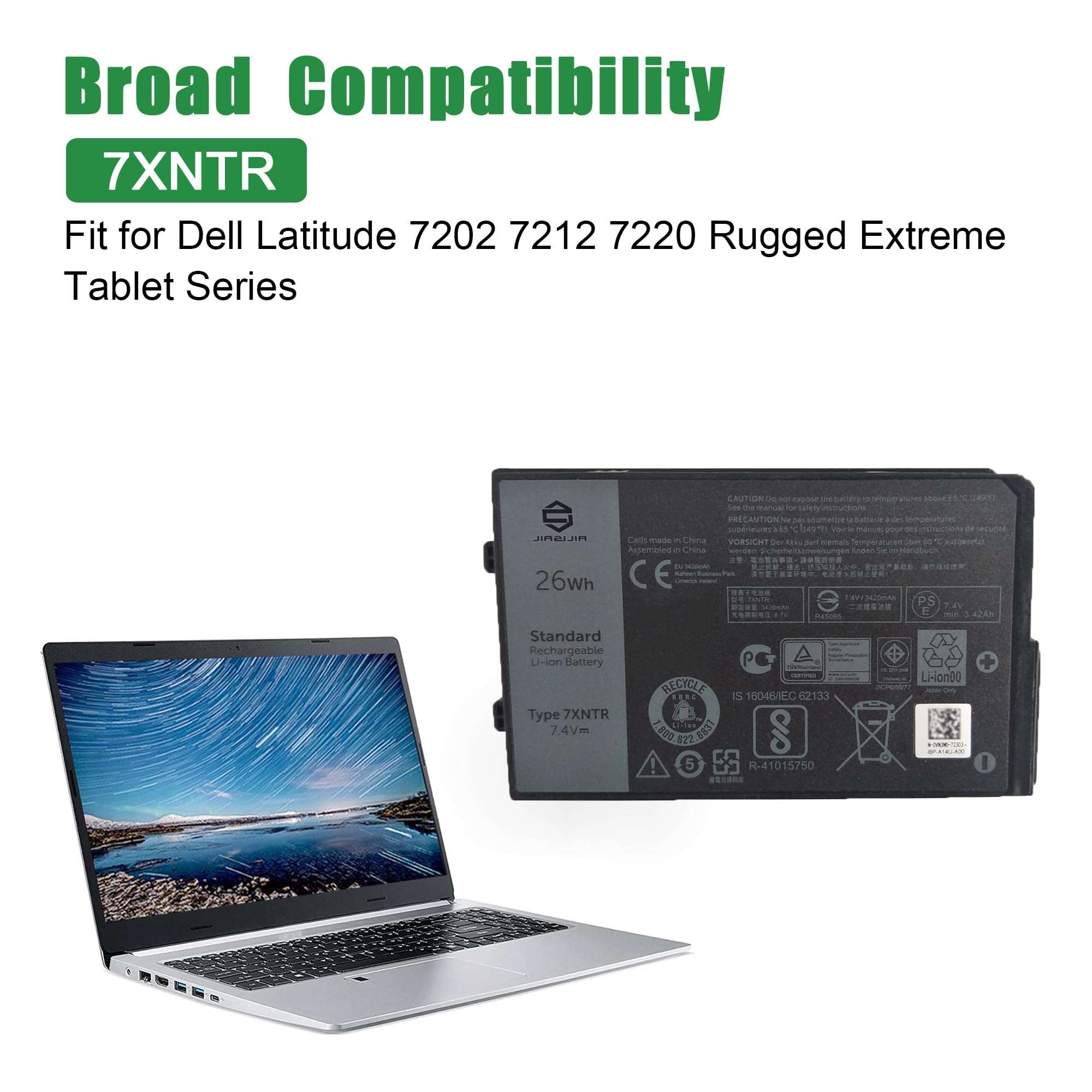 JIAZIJIA 7XNTR Laptop Battery Replacement for Dell Latitude 7202 7212 7220 Rugged Extreme Tablet Series Notebook J7HTX FH8RW 7.4V 26Wh 3420mAh 5
