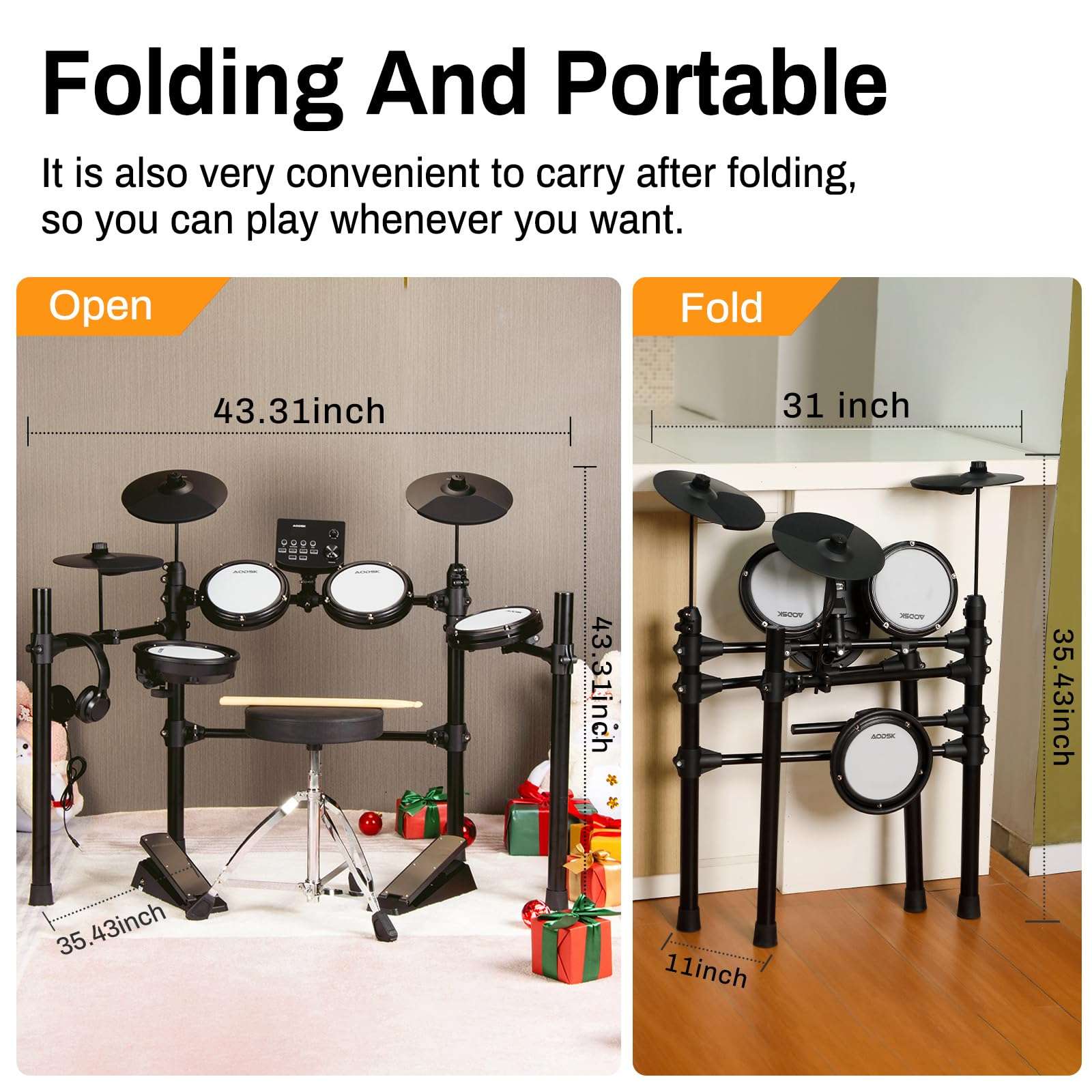 AODSK Electric Drum Set with Quiet Mesh Pads,Electronic Drum for Beginner+AODSK Drum Sticks 5A Classic America Maple Wood Tear Drop Tip Drumsticks Anti-Slip 6