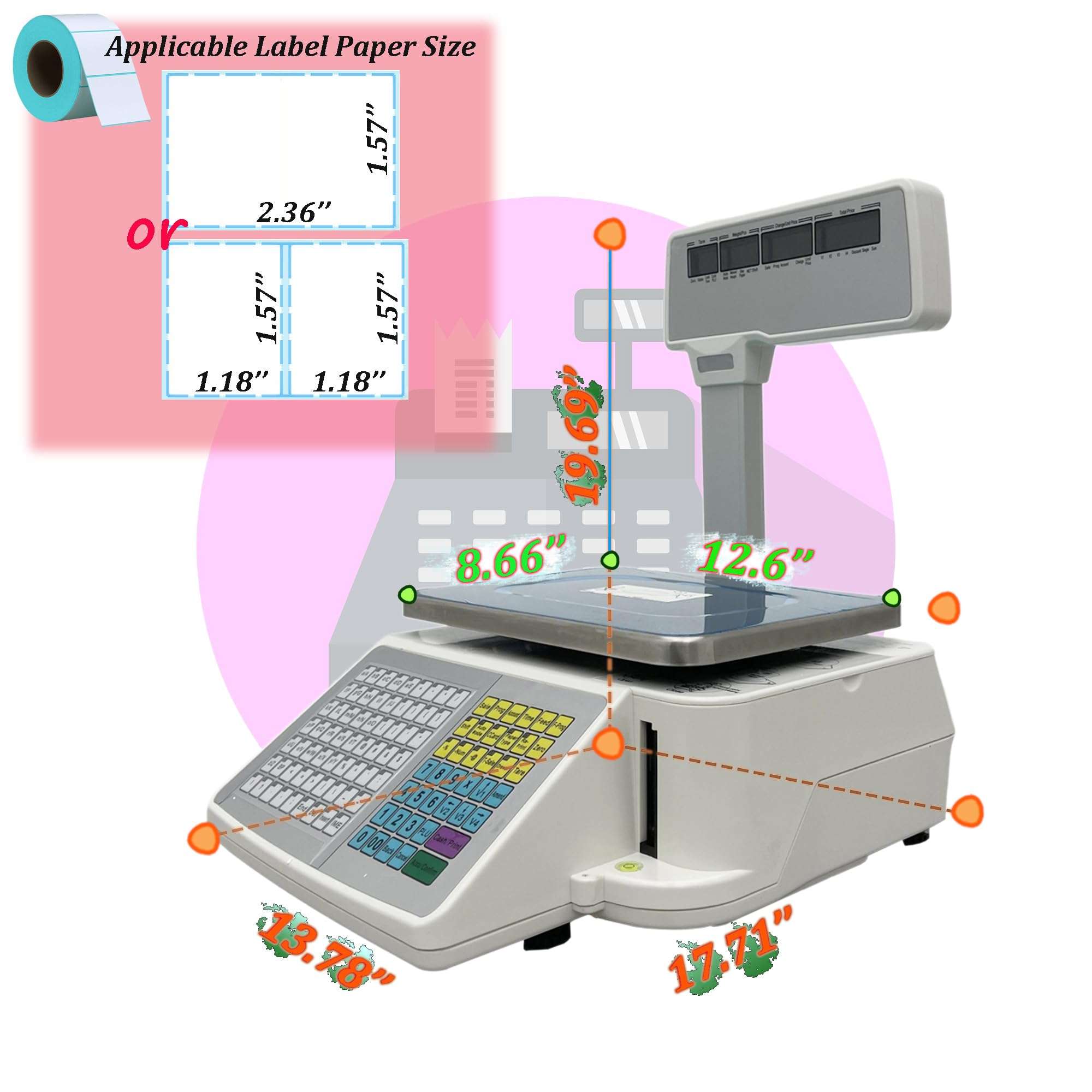 INTSUPERMAI Digital Price Computing Scale with Thermal Label Printer 30lbs Capacity Four-window with Pole Double-sided Supermarket Scale 3