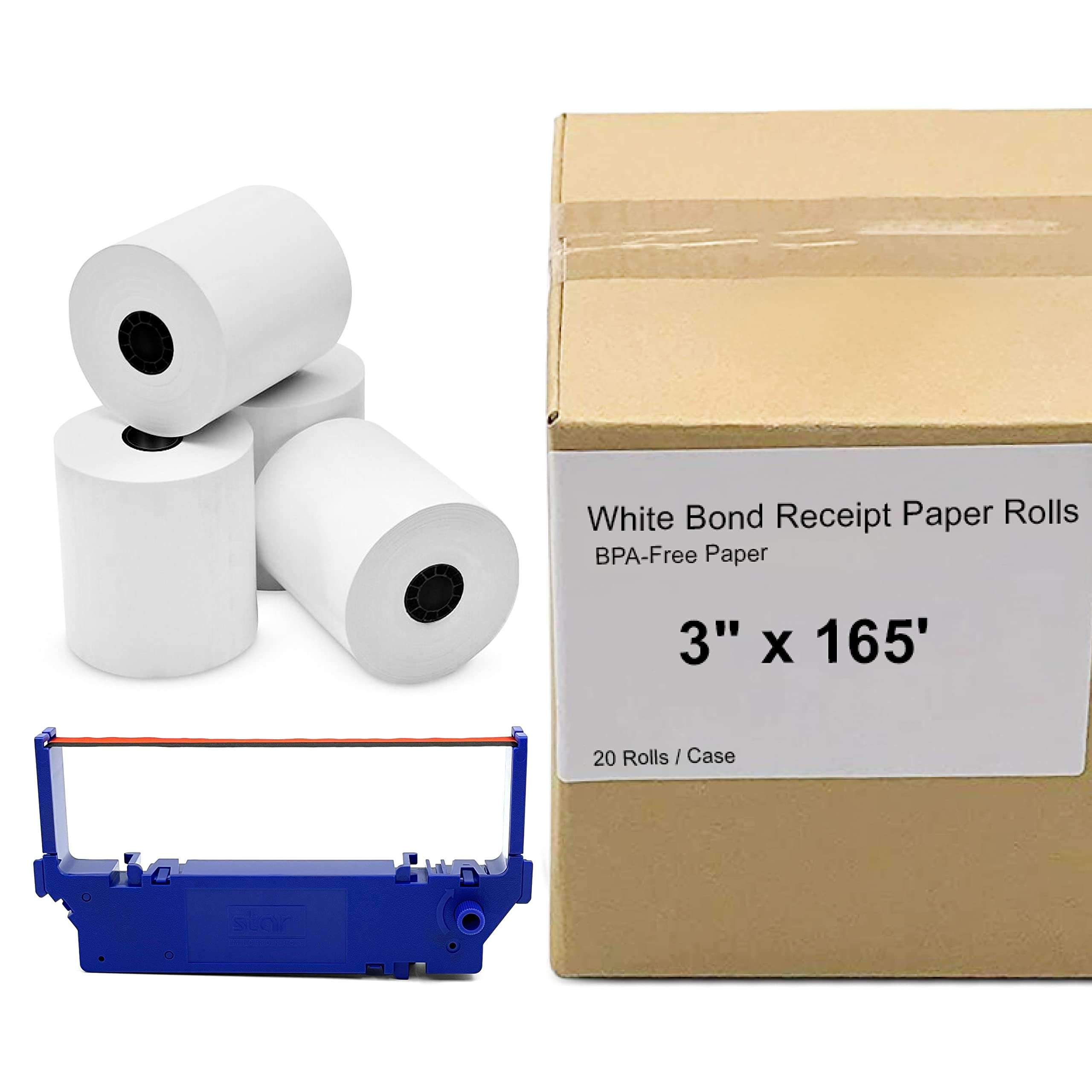 20 Roll Case of 3" x 165' Clover White Bond Receipt Roll Paper for Star SP700 Printer and 1 Star RC700BR Black/Red Printer Ink Ribbon 1