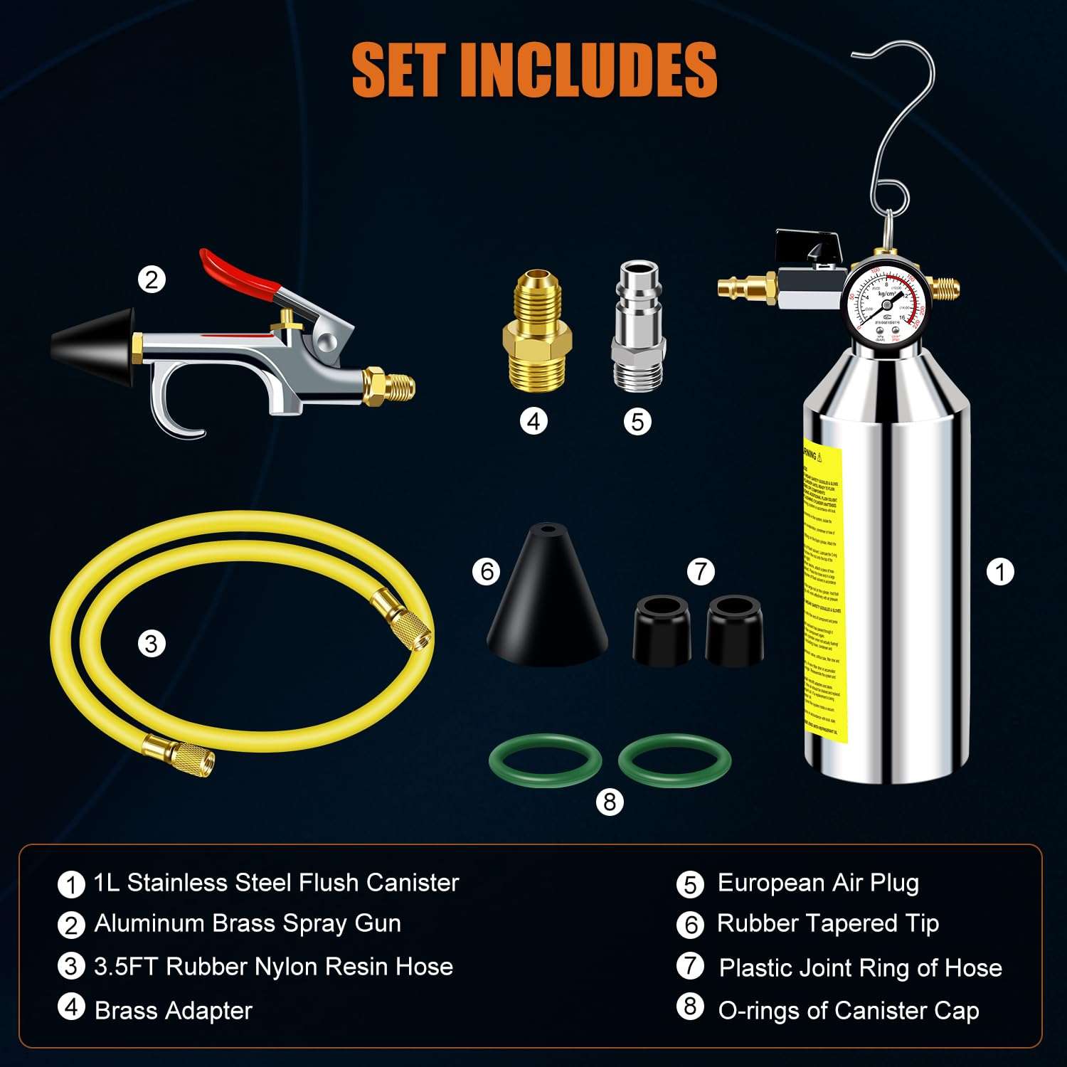 ADAFIRST AC Flush Kit, Automotive Air Conditioner System Clean Canister Flushing Gun Tool Set for Cleaning Auto R134A R404A R410A HVAC Hose Condenser Evaporator, with 220PSI Gauge Air Plug Fittings 5