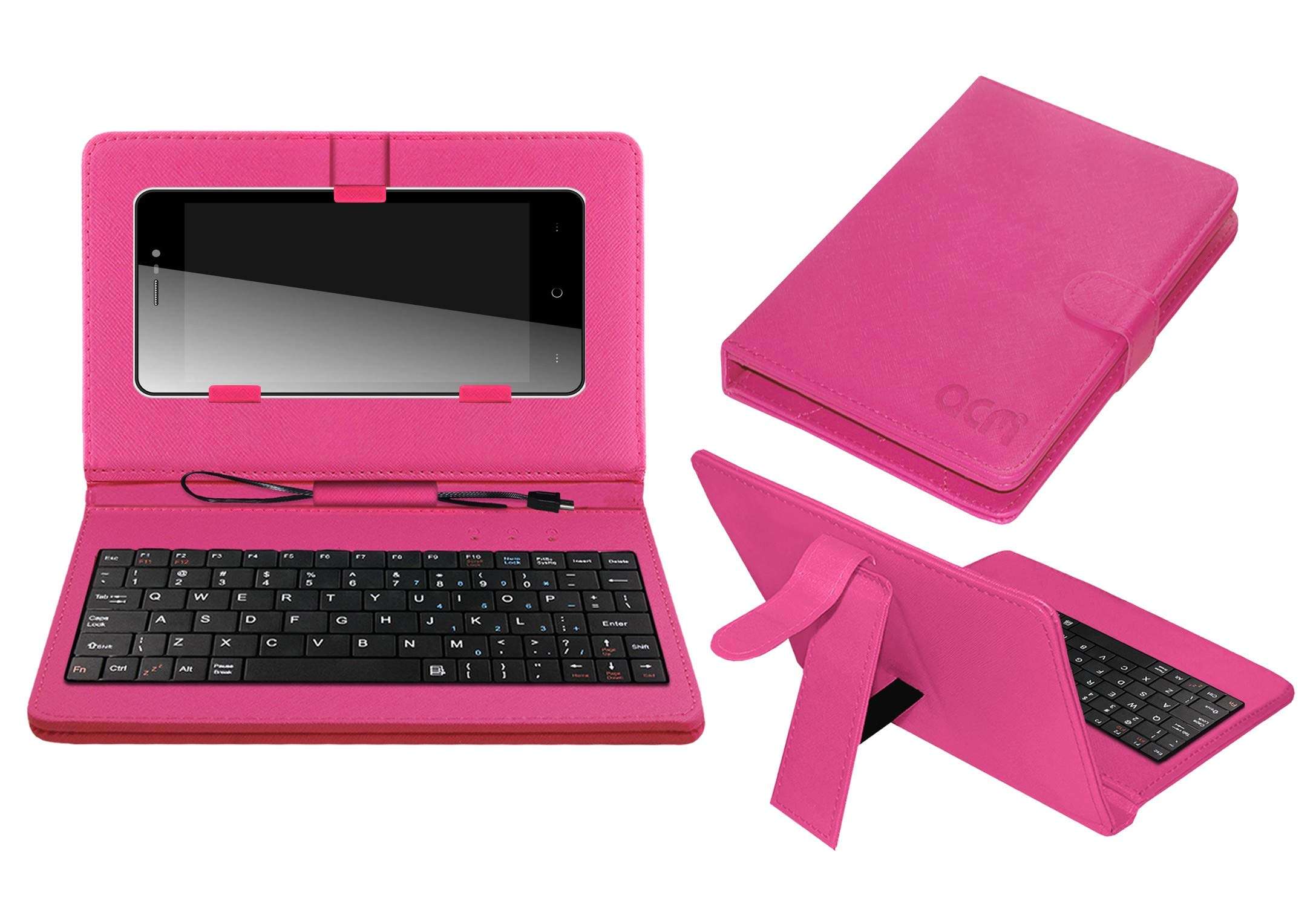 Acm Keyboard Case Compatible with Intex Cloud Zest Mobile Flip Cover Stand Direct Plug & Play Device for Study & Gaming Pink