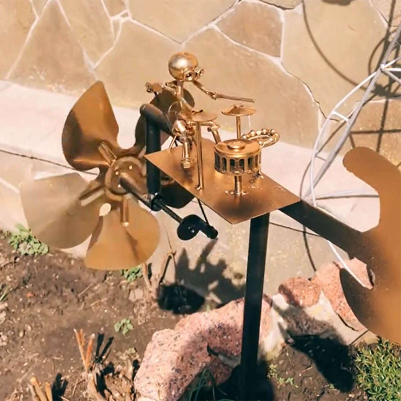 Handmade Metal Drummer Windmill, Percussionist Music Figurines and Statues, Rockin Art Figurine, Wind-Powered Kinetic Sculpture, Wind Spinners Novelty Lawn Garden Patio Decor, Drummer Decor (2 Sets) 6