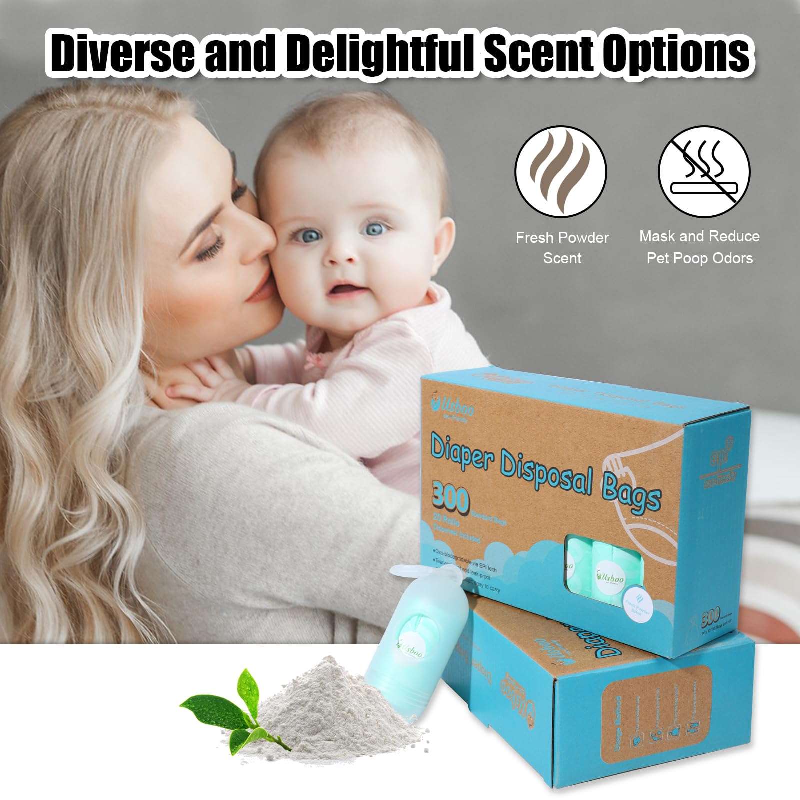 USBOO Diaper Bags Disposable for Baby - 20 Refill Rolls (300 Pack) Diaper Trash Bags with Dispenser, Diaper Bag Accessory, Fresh Powder Scent 4