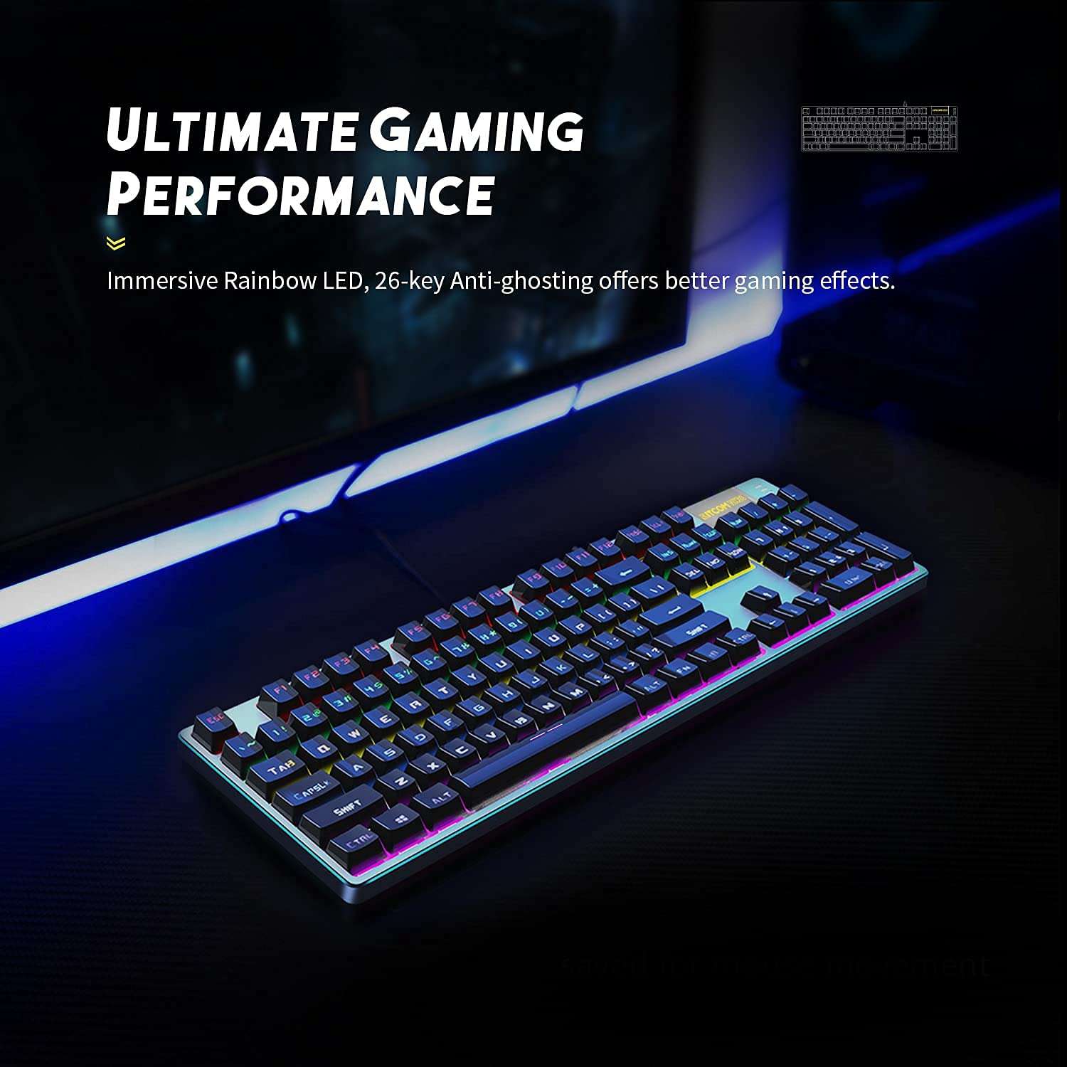Kitcom NK30 Full Size Mechanical Gaming Keyboard with LED Rainbow Backlit, Anti Ghosting USB Wired Keyboard with Brown Switch Double-Shot Key caps, Ergonomic design, for Windows PC Gamers, 104 Key 6