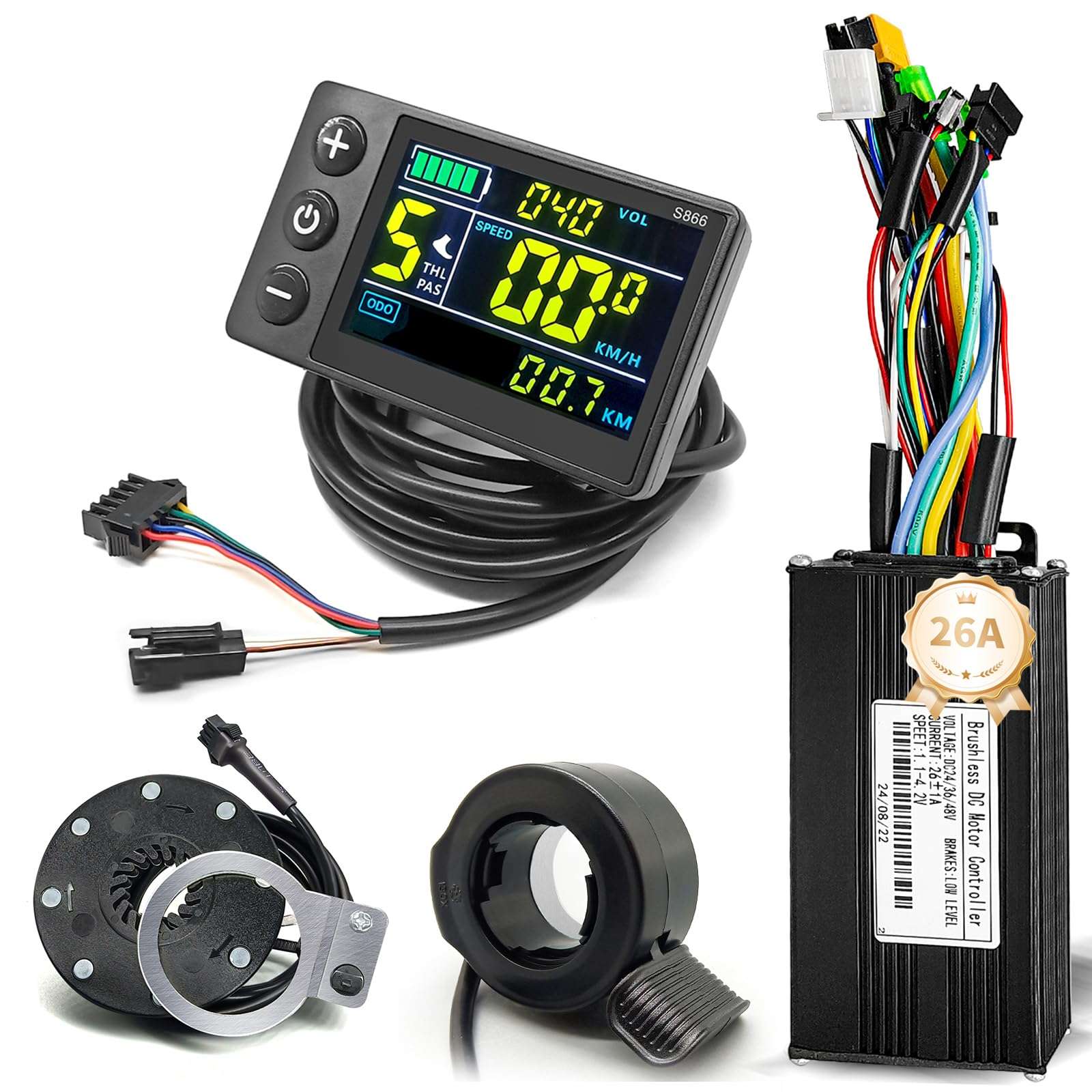 Ebike 26A Sine Wave Controller with CS866 Color Display, Adjustable Throttle & PAS for 500W 800W 1000W 1800W Electric Bicycles Hub Motor