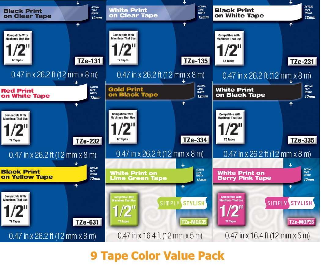 Genuine Brother TZe 1/2" (12mm) Color Variety Pack (9 Tapes) for All Brother P-Touch Label Makers That use TZe Series Tape. 1
