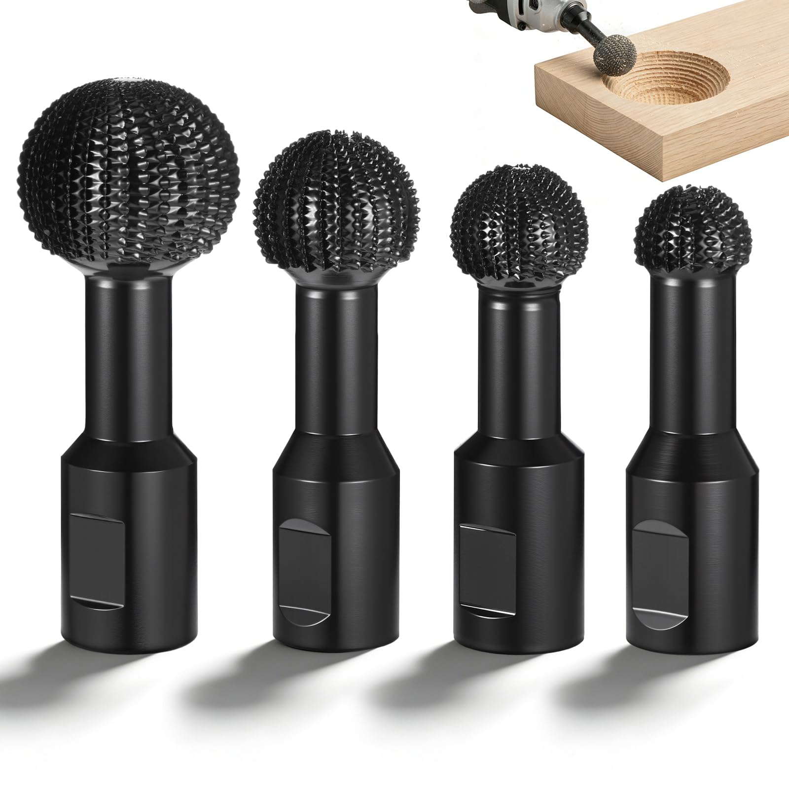 4 Pcs Sphere Rotary Burr Set, Ball Gouge Angle Grinder Attachments, Ball Gouge for Angle Grinder, Spherical Grinding Head Wood Carving Burrs for, Slotting, Engraving,Polishing (Black, 5/8-11 Threads)