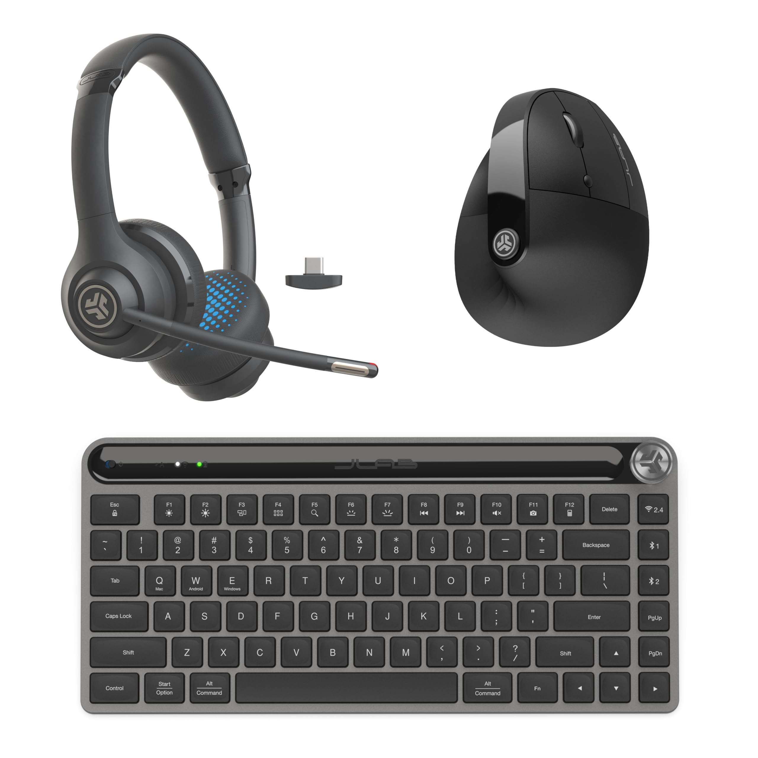 JLab Work Bundle, Go Work 2 Wireless Headset, Epic Mini Keyboard and JBuds Ergonomic Wireless Mouse 2