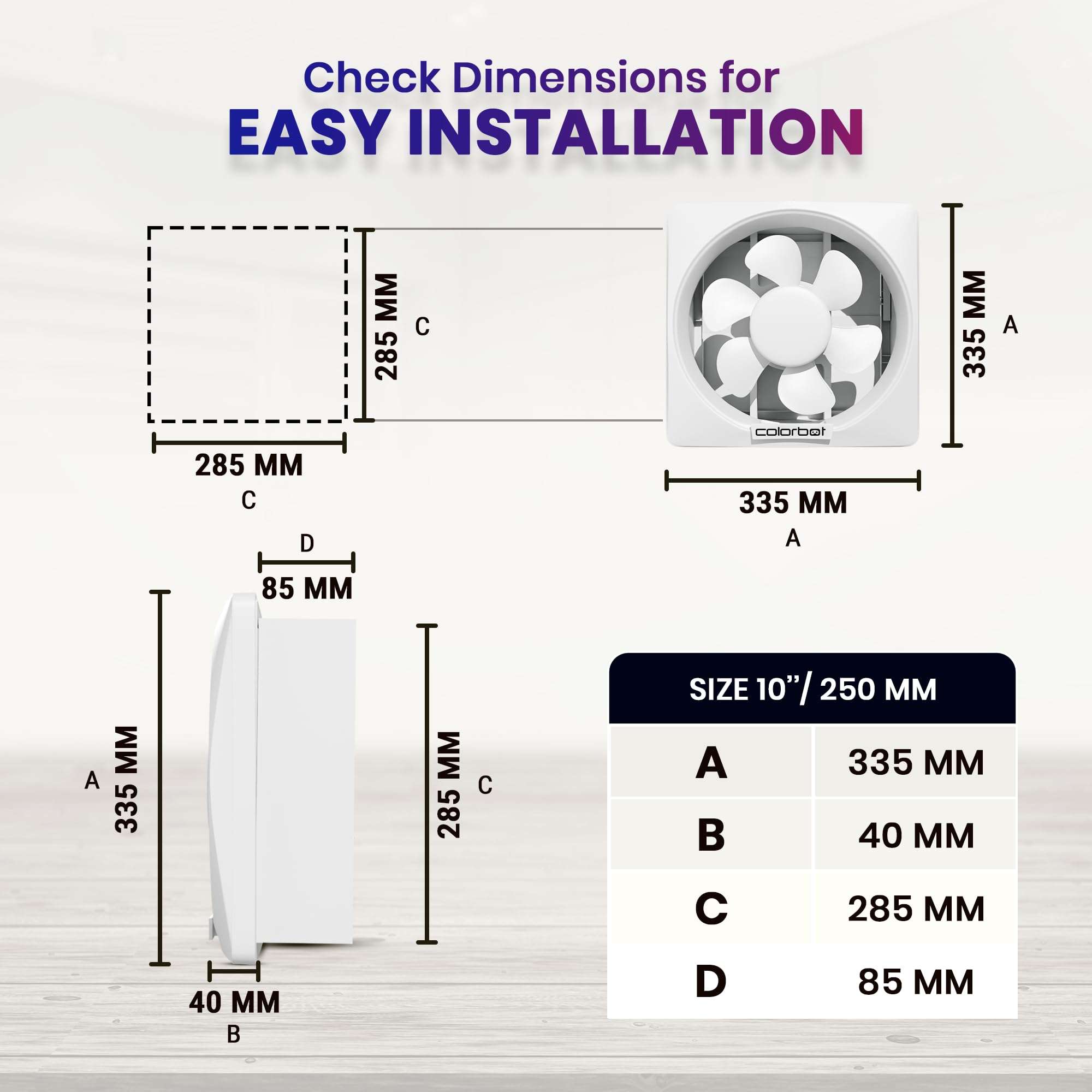 Colorbot Ecoz BLDC Exhaust Fan 250mm (10 inches) for Bathroom, Kitchen | 18W | Installation-Square Cut (285mm) | Low Noise | Easy to Clean | 100% Copper Motor | 3 Years Warranty (Arctic White) 4