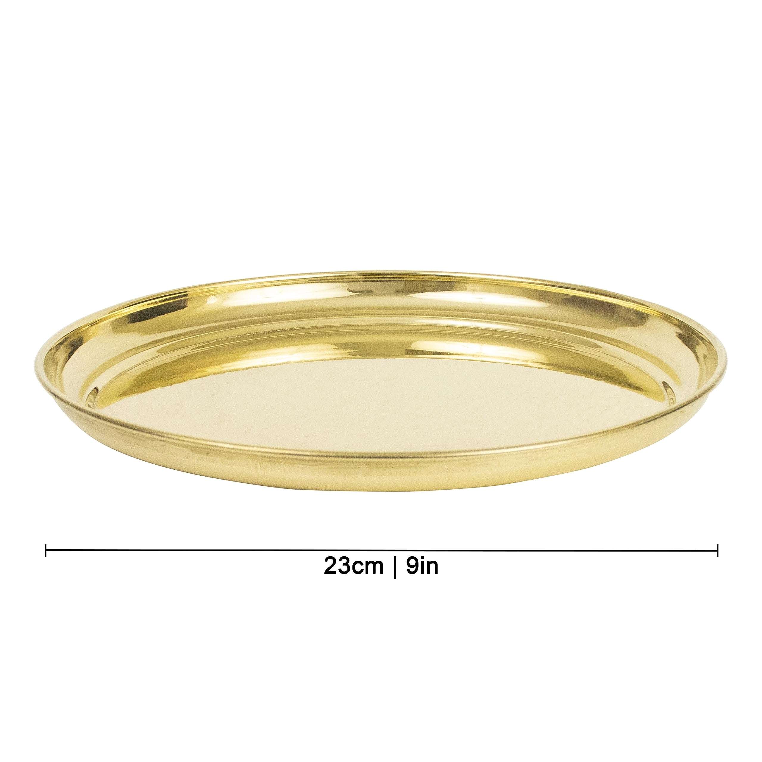 Putrika Traditional Handcrafted Brass Pooja Thali Set with 10'' inch Plate|Diya, Agarbathi | Insense Holder, Nandhi Bell, Lota, Karpoor Arathi, Panchamurt Spoon Diwali Gift-Plain Ppset 3