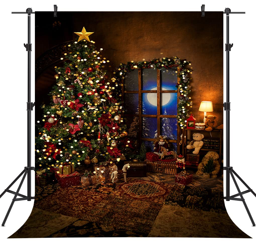 Christmas Backdrop for Photography Vintage Xmas Tree Rustic Wall Window Snow Moon Forest Winter Background Family Holiday Party Decoration Banner Supplies Photo Studio Booth Props 5X7FT CEM250B