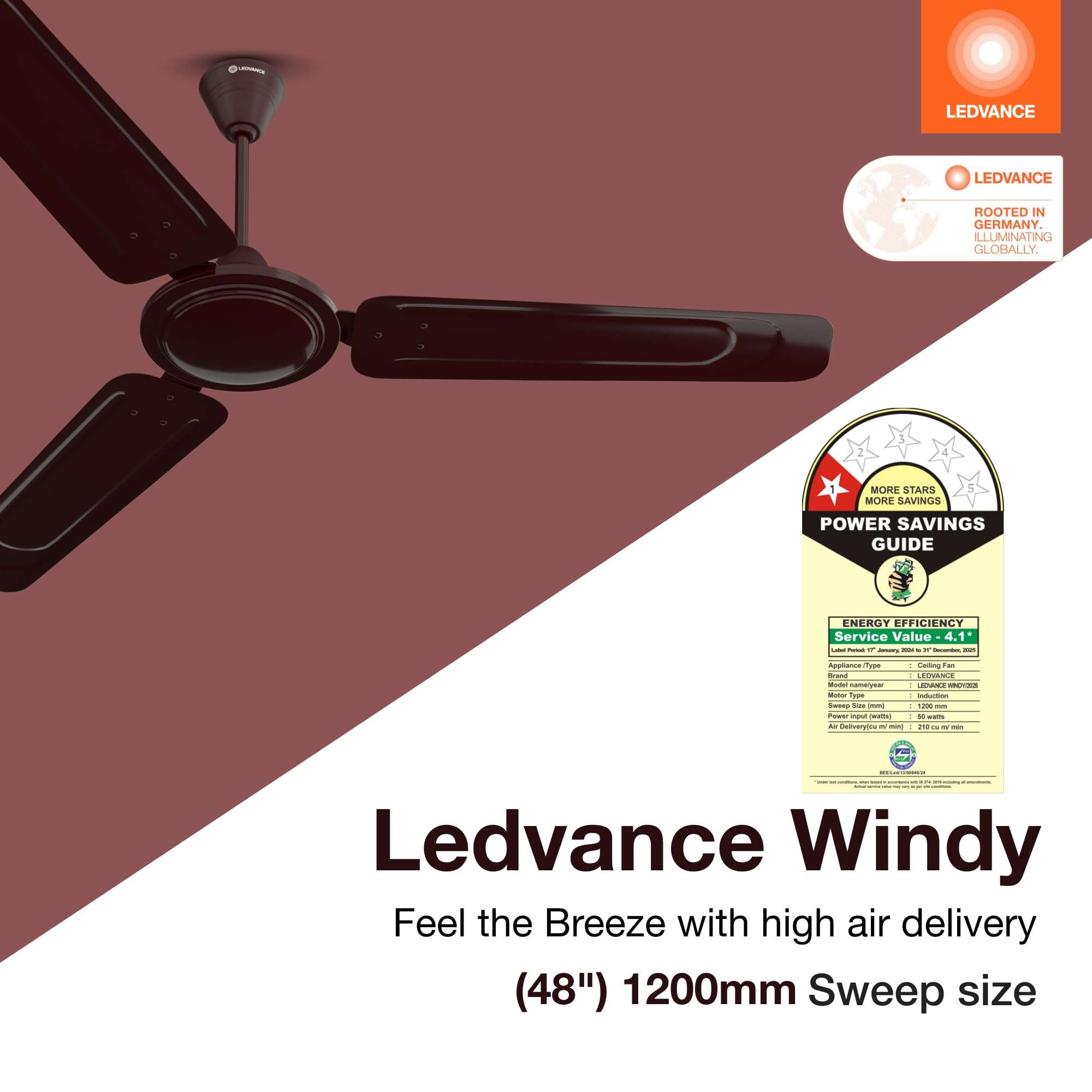 LEDVANCE Windy Ceiling Fan 1200mm | 400 RPM Speed | Low Power Consumption | Higher Air Delivery | BEE Star Rated | Heavy Motor | Suitable for Room, Schools & Offices | 2 Year Warranty - Brown 3