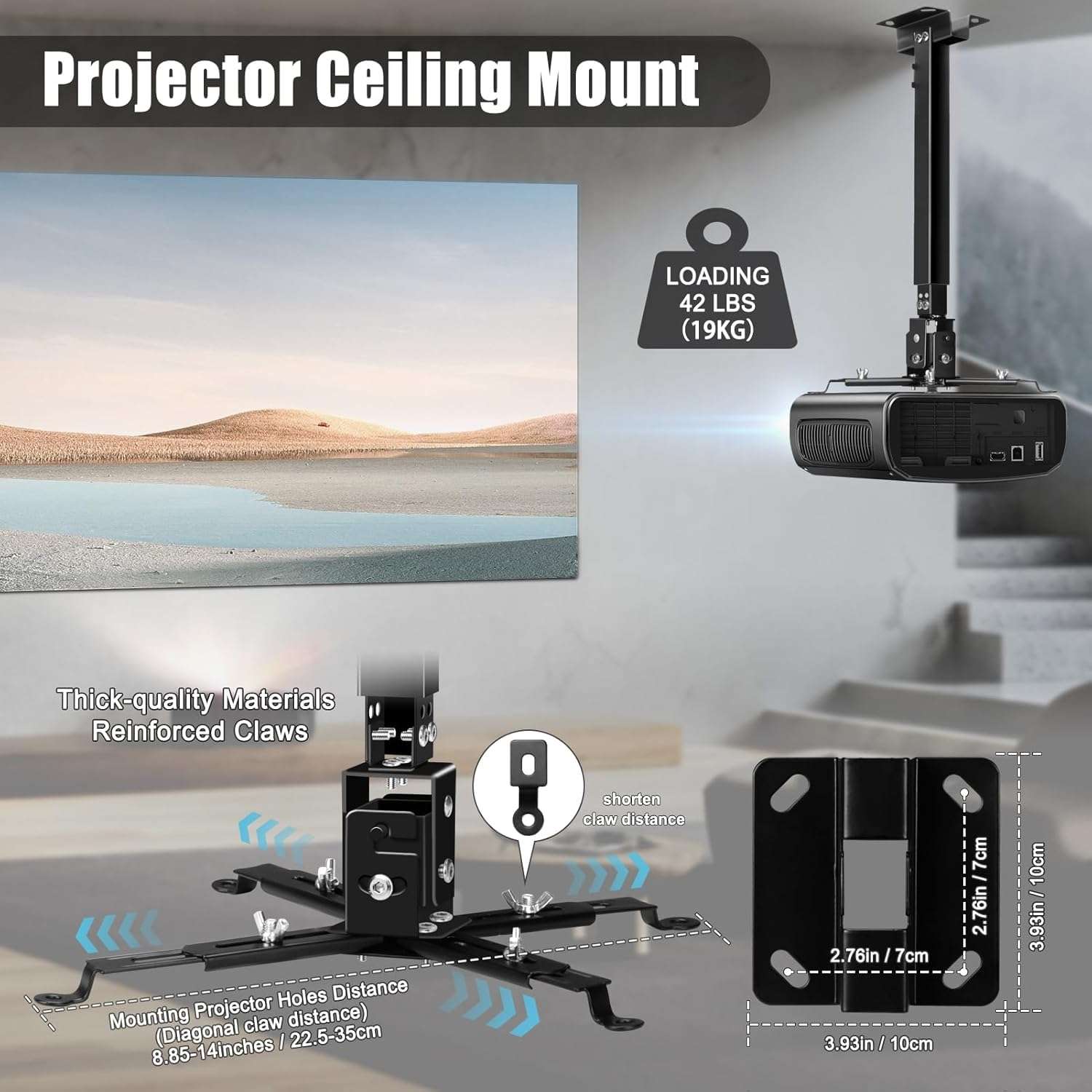2-Be-Best Upgraded Projector Ceiling Mount Adjustable Projector Wall Mount Max Load Capacity 42 LBS / 19KG Ceiling Projector Mount Universal Black 6