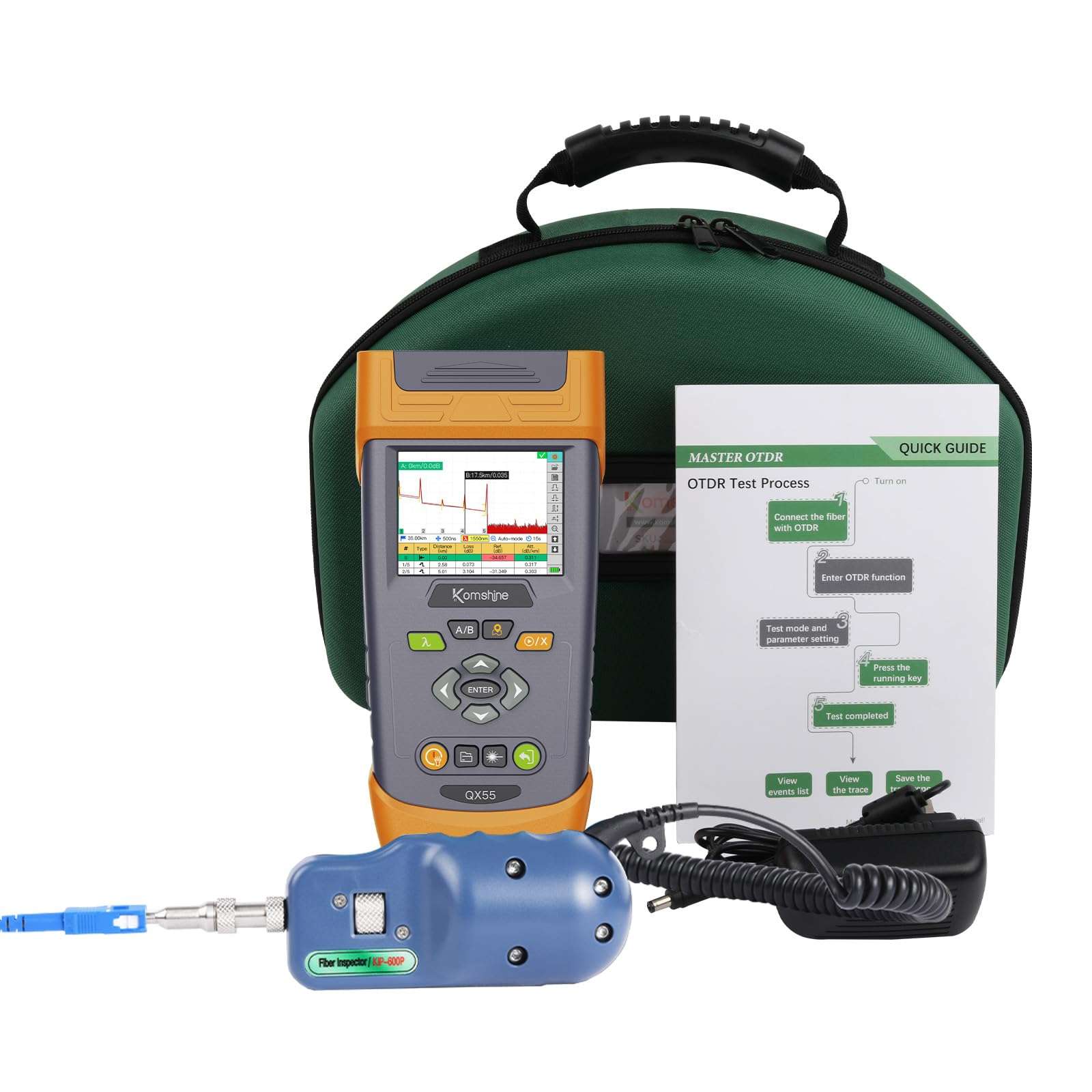 KOMSHINE 1310/1550nm 32/30dB Singlemode OTDR QX55 w/VFL Power Meter OPM SM Light Source + Link Map 1:16 Splitters + RJ45 Networks + Fiber Microscope Inspection Probe 400times for CAT5 CAT6 1