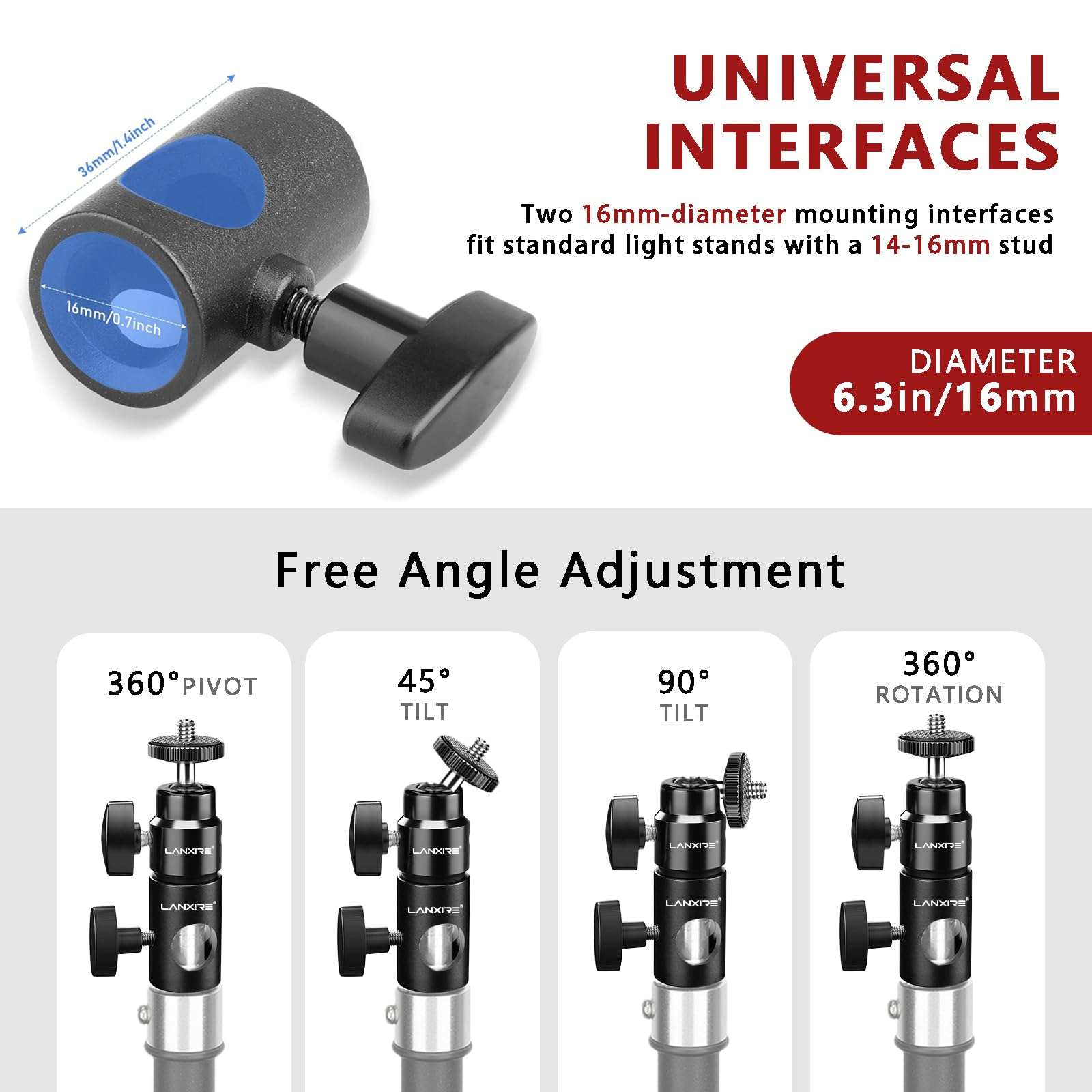 Lanxire Light Stand Mount Adapter with 1/4’’ Screw Mini Ball Head - Compatible with Camera Monitor, Ring Light, Fits Flat Head Light Stand, Boom Arm - Max Load up to 4.4lb/2kg 5