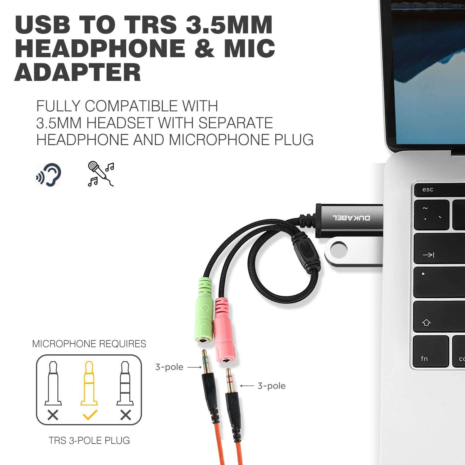 DuKabel USB to 3.5mm Jack TRS AUX Adapter for Built-in USB Sound Card with Separate Plug TRS 3 Pole Microphones [Metal Housing & Durable Braided / 9.8inch] 5