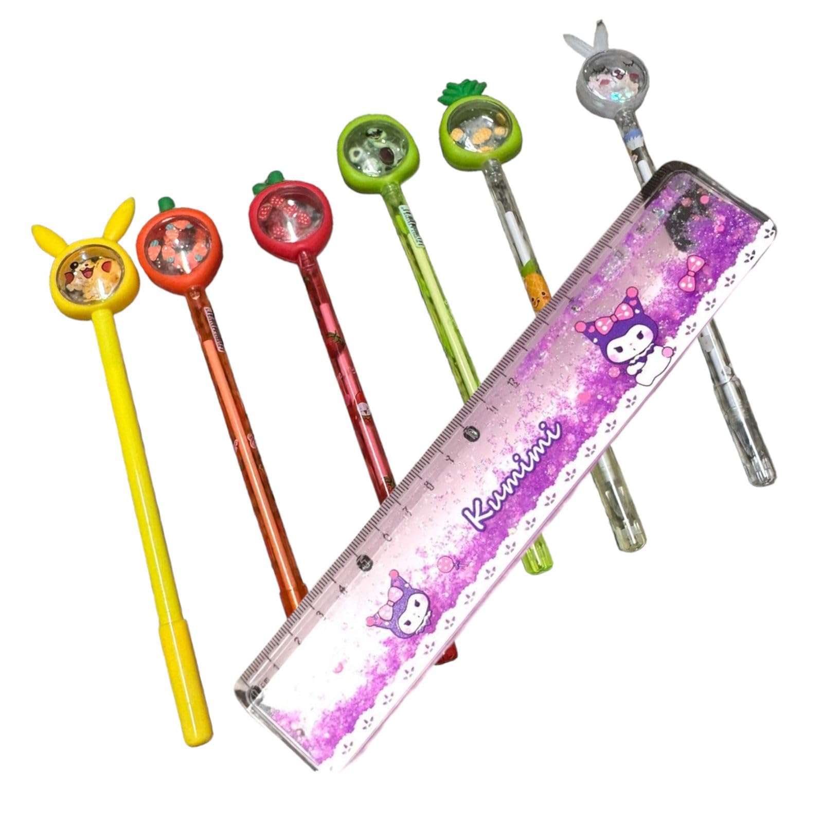 TD CREATIONS Pack of 6 Pens with 1 Sparkle Water Scale Multicolor Pen & Pen Topper | Vibrant Writing Set for Kids & Students