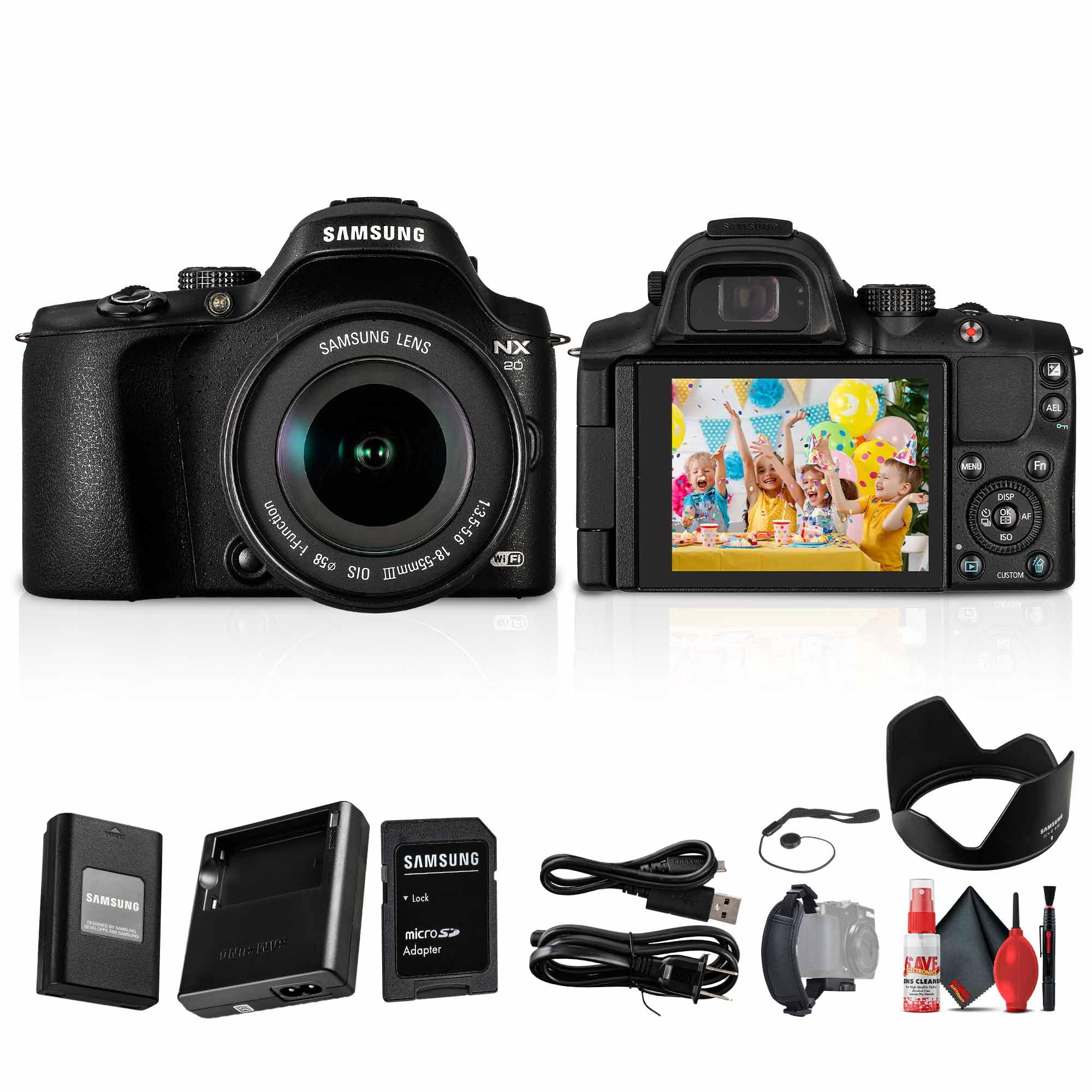 Samsung 20.3Mp NX20 Mirrorless Wi-Fi Digital Camera with 18-55mm Lens Bundle Including: Battery, Charger, Hand Strap, Cleaning Kit, Cap Keeper 1