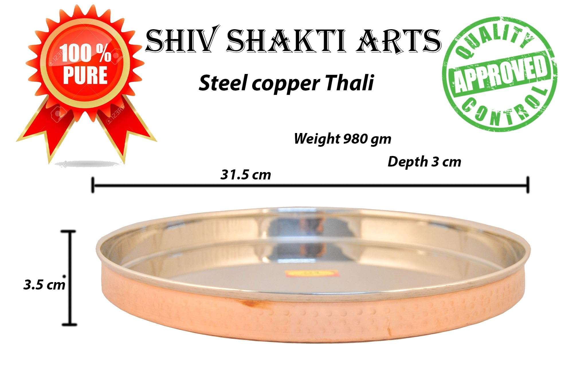 Shiv Shakti Arts Copper Thali, Inside Steel Hammered for Premium Dining Experience, 12 in, Home Hotel,6 Pc 3