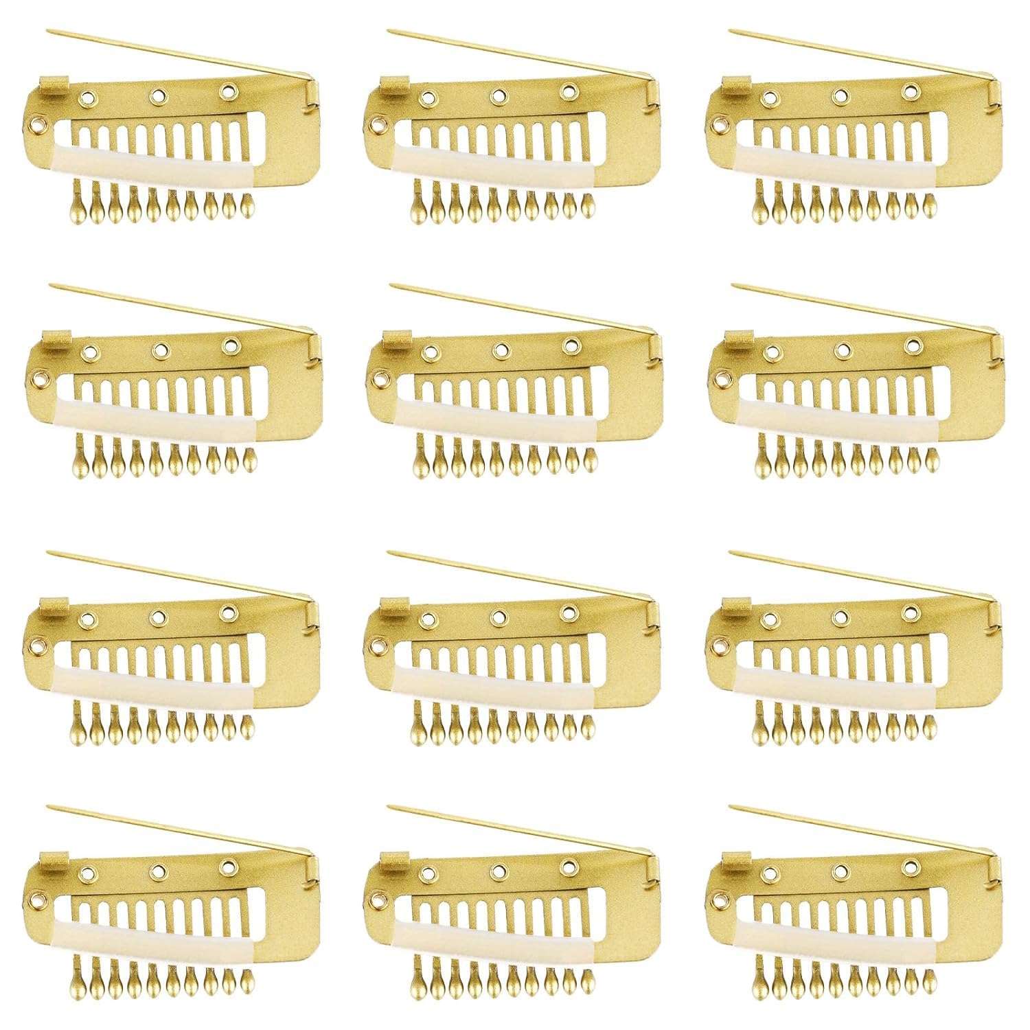 INHEAVEN 12pcs Wig Clip with Safety Pins, 10-Teeth Hair Extension Snap Clips Invisible Strong Wig Combs to Secure Wig No Sew Chunni Grip Dupatta Clips (GOLDEN, 12)