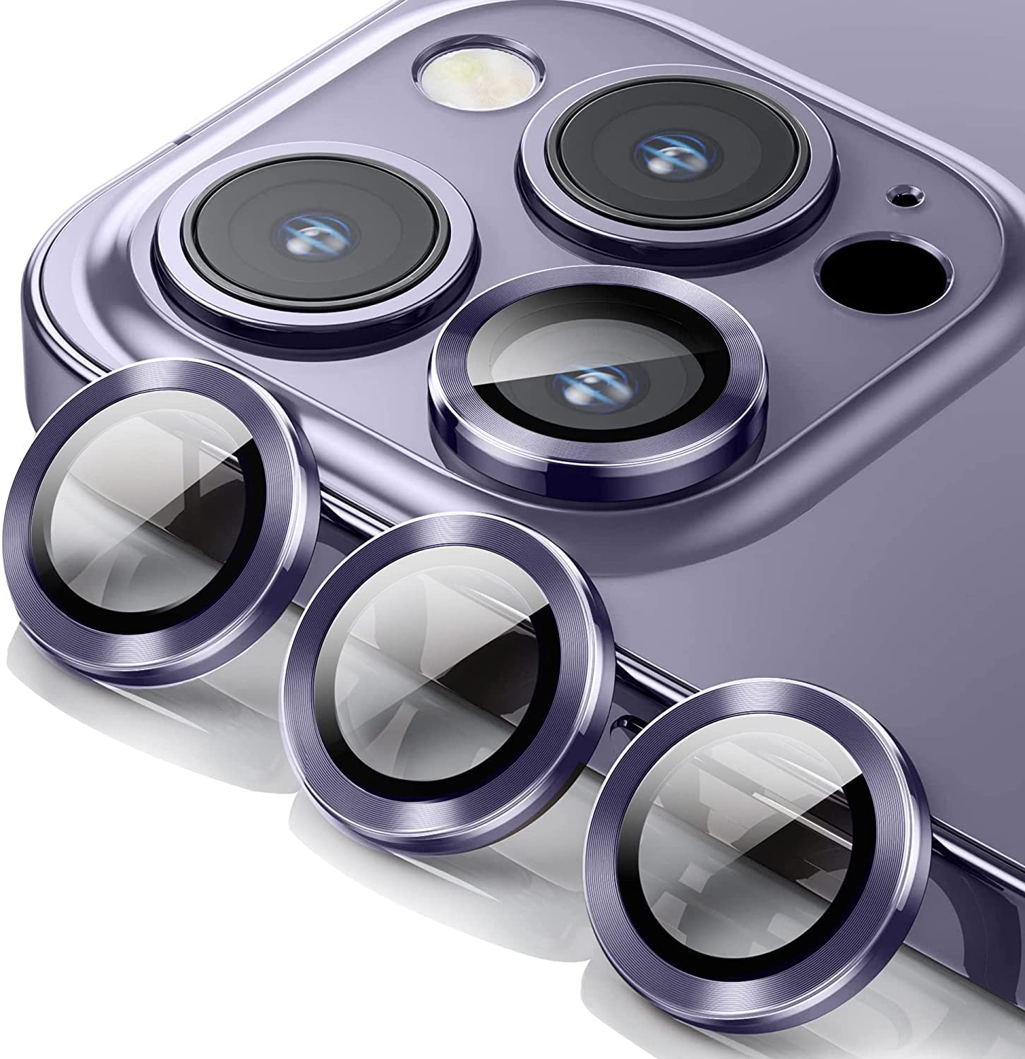 MobileZon Compatible for iPhone 14 Pro Max / 14 Pro Camera Lens Protector Tempered Glass Alloy Metal Rings Protection (Deep Purple)