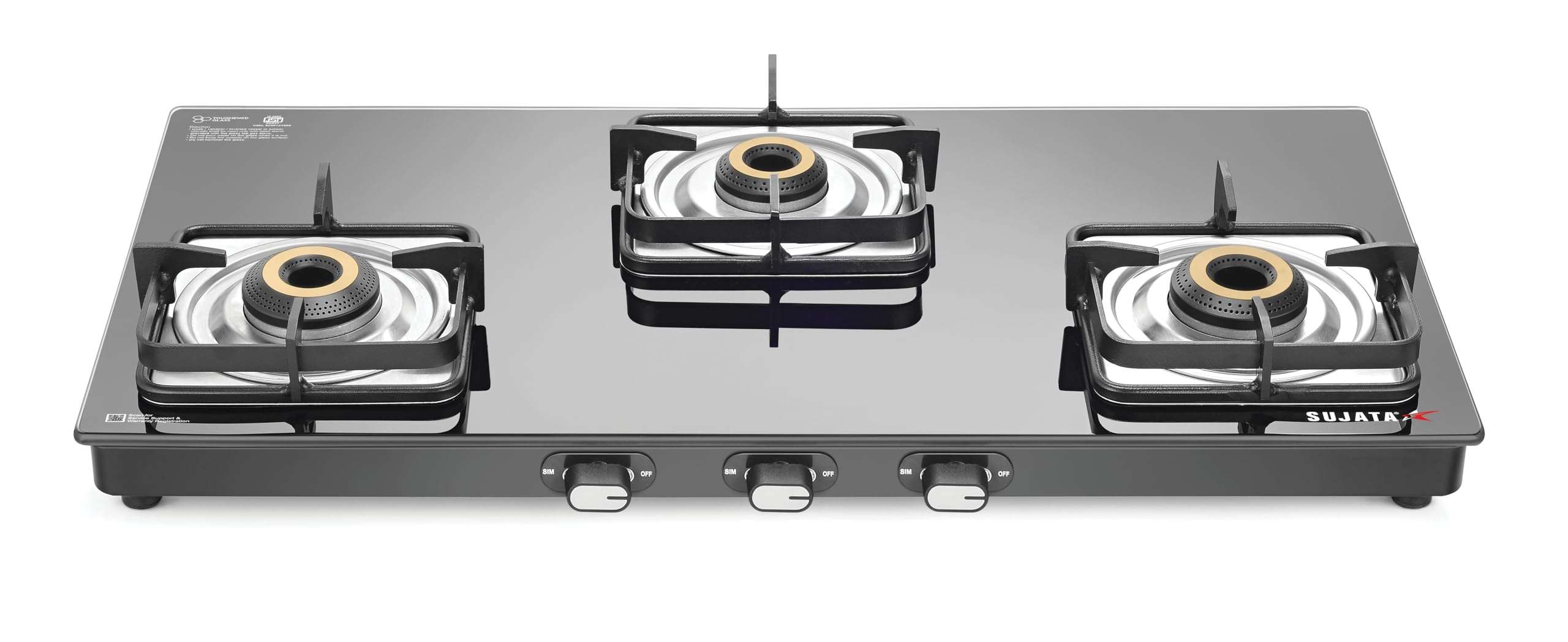 Sujata Classic Gas Stove | 9 Years Warranty | 3 Burner Gas Stove Glass Top, Stove 3 Burner, Gas Stove 3 Burners, SABAF, ISI Certified, LPG & PNG Compatible, Jumbo Brass Burner (Black) 1