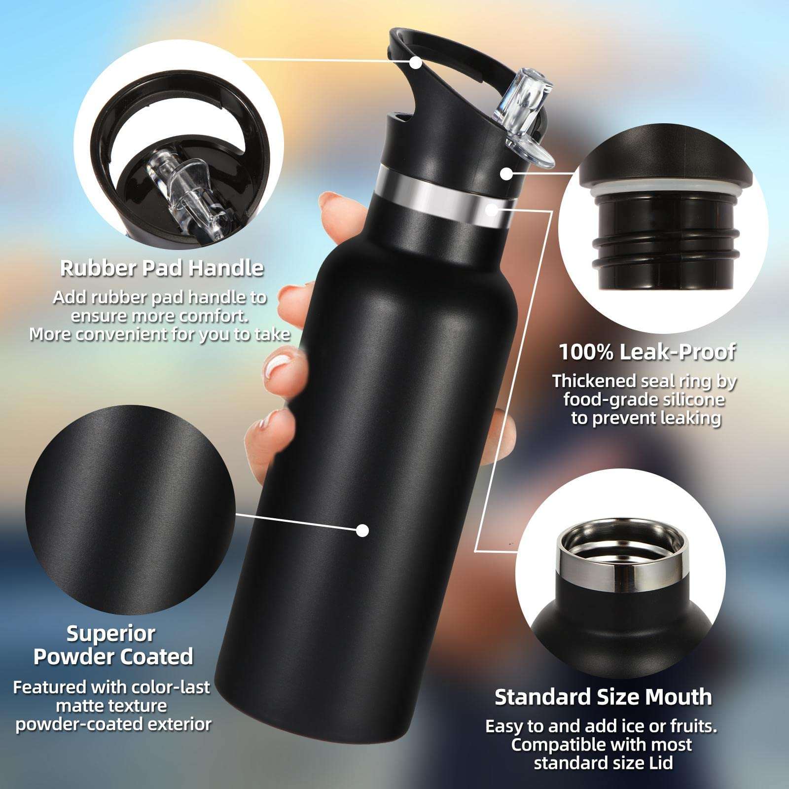 Volhoply 17oz Insulated Water Bottle Bulk 8 Pack,Stainless Steel Kids Water Bottles with Straw Lid,Double Wall Vacuum Metal Thermos Water Bottle,Reusable Sports School Flask Keep Cold(Black,8 Set) 3