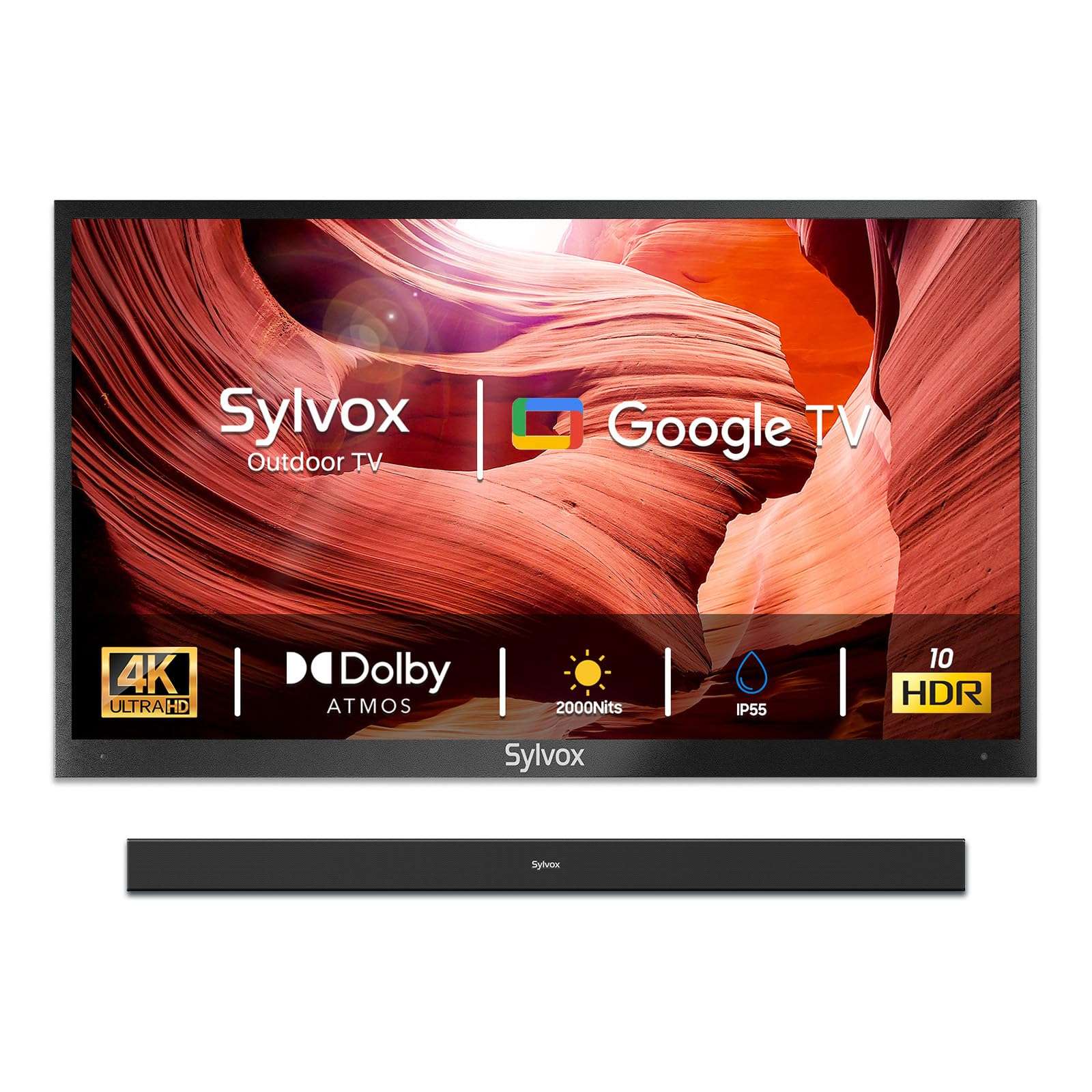 SYLVOX Outdoor TV with TV Soundbar, 55 inch 2000 Nit High Brightness Smart Outdoor TV, 4K Sunlight Readable Display, IP55 Waterproof, Smart TV for Outdoor Households or Commercial Places 1
