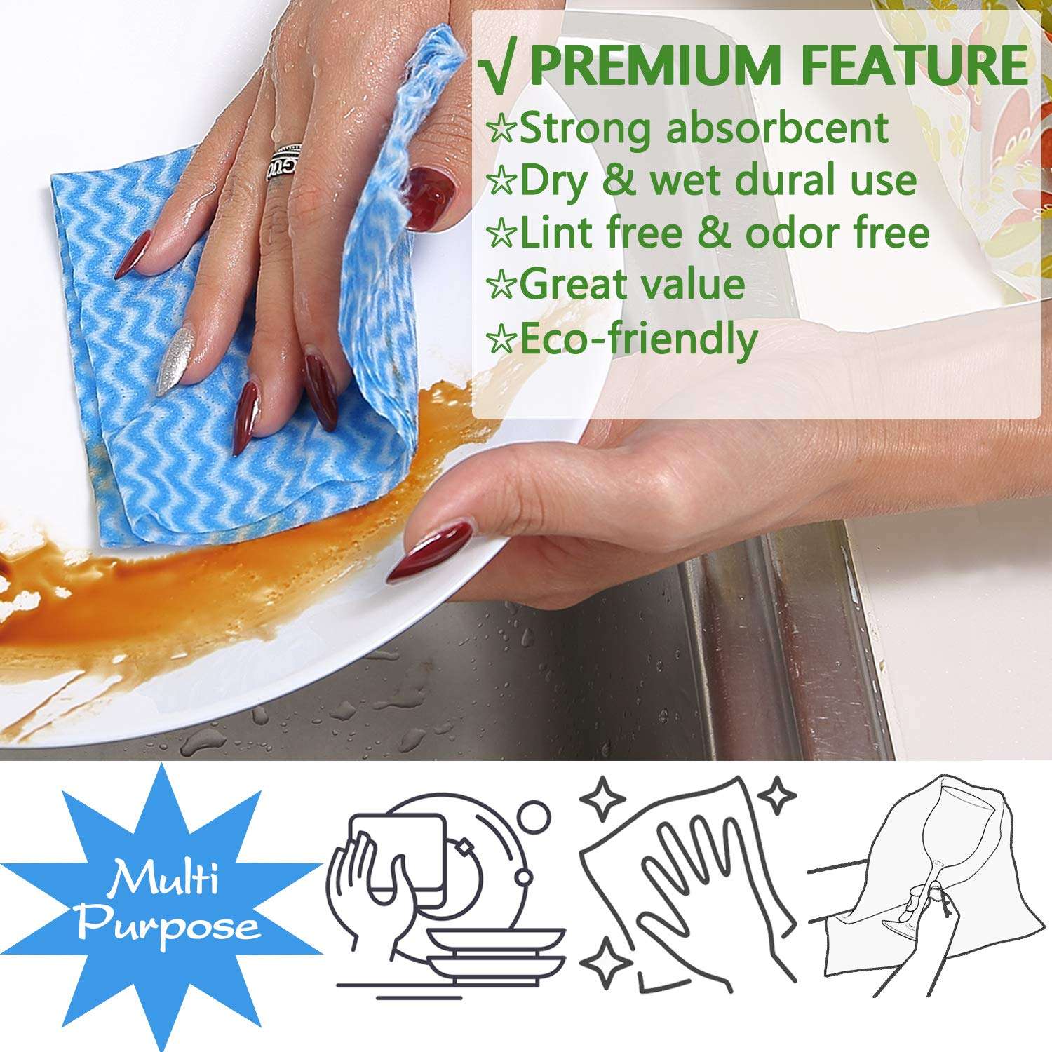 Cloth Paper Towels Reusable Washable 【180 Ct, 3Rolls】 Lint Free Dishcloth Kitchen Cleaning Towels Toallas para - MsFun 3